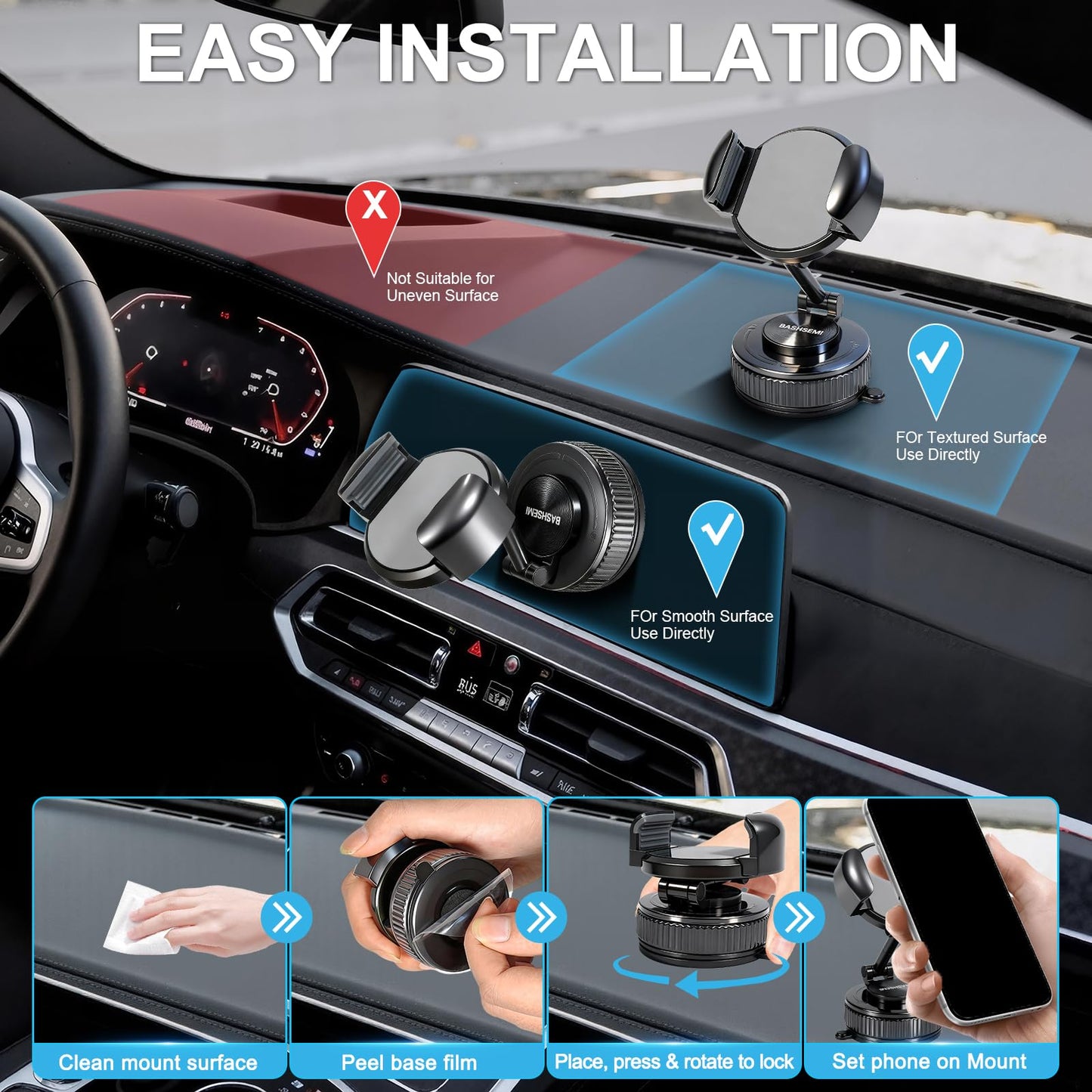BASHSEMI Windshield & Dashboard Rotate-Lock Phone Mount – 360° Rotate Folding Car Phone Holder with Strong Suction Base & Adjustable Arm for Smartphone