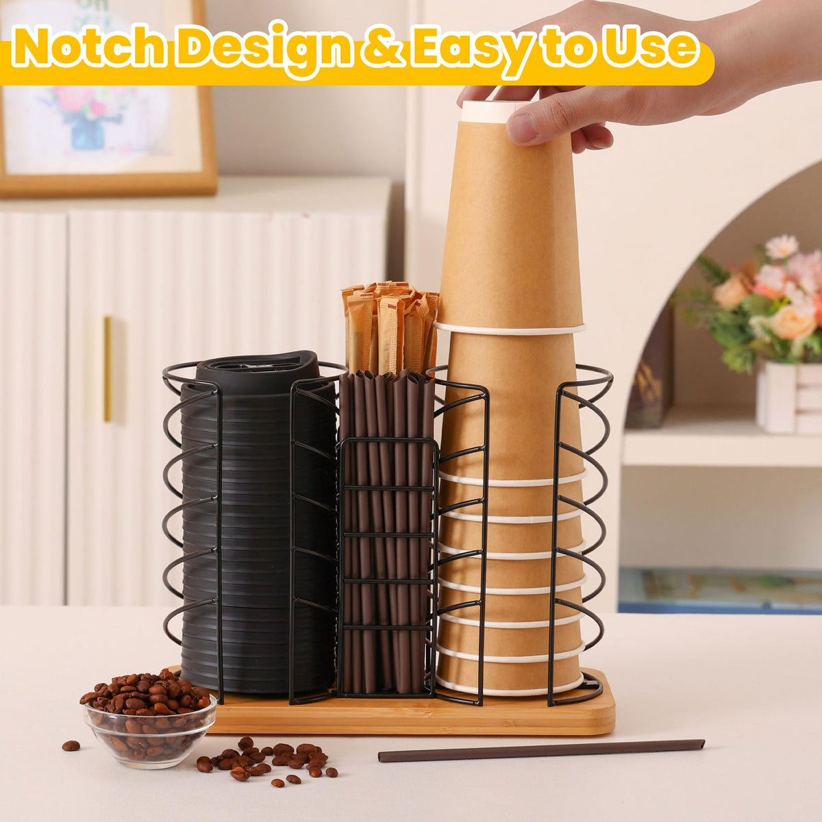 Mozabol Coffee Station Organizer for Countertop, Cup and Lid Organizer with Straw Holder, 3 Section Disposable Cup Dispenser Rack with Acacia Wood Base for Office, Cafe, Kitchen, Break Room