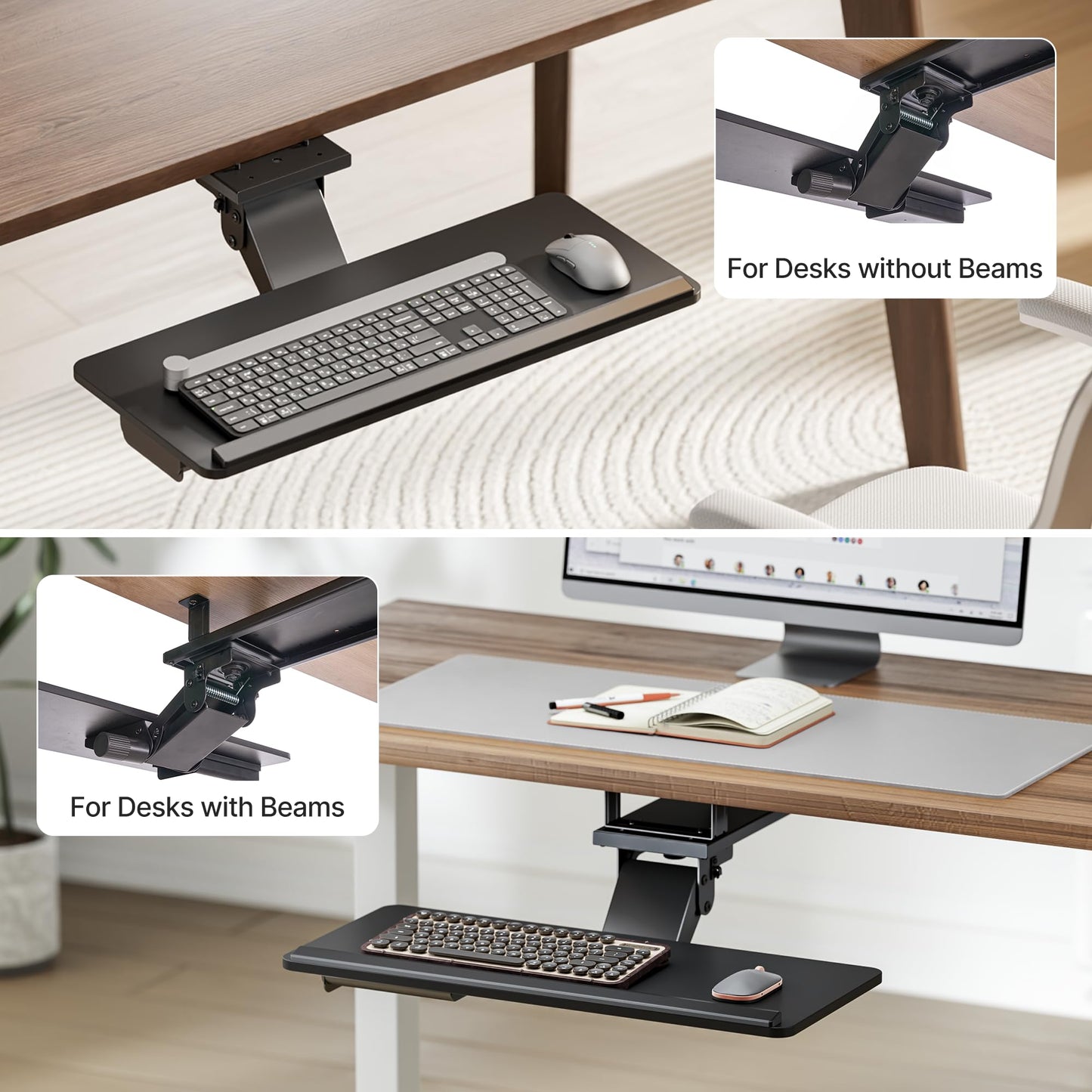 PEGZONE Keyboard Tray Under Desk with Storage Drawer, Height Adjustable Keyboard Tray Slide Out Swivel Tilt, Ergonomic Under Desk Mount Keyboard & Mouse Holder for Gaming Home Office, 25x11'', Black
