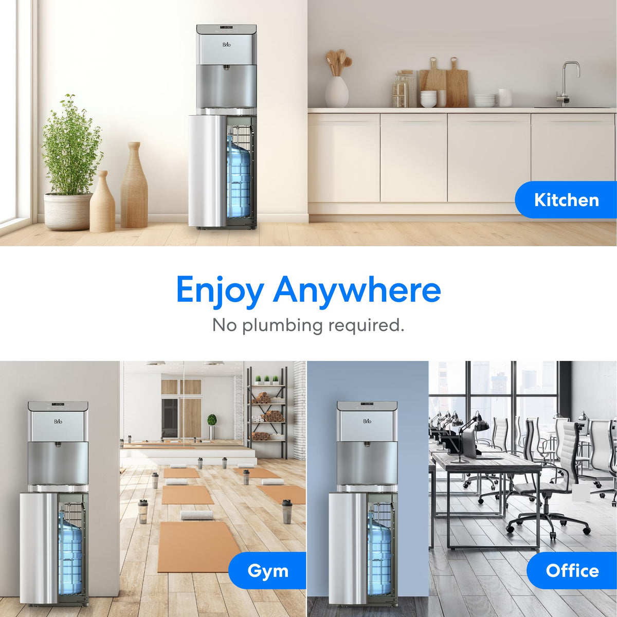 Brio Moderna Bottom Load Water Cooler Dispenser - Tri-Temp, Adjustable Temperature, Self-Cleaning, Touch Dispense, Child Safety Lock, Holds 3 or 5 Gallon Bottles, Digital Display and LED Light
