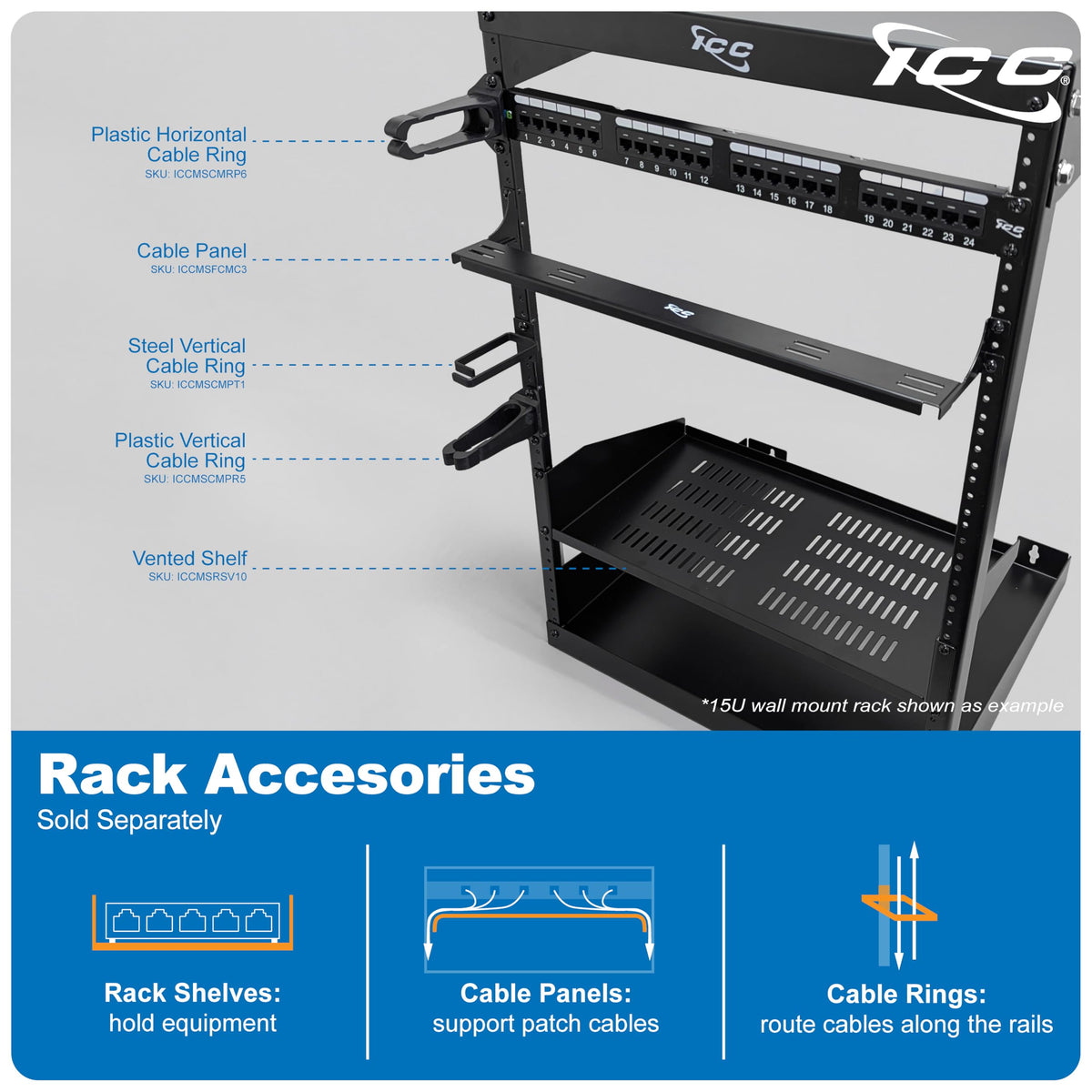 ICC 15U Wall Mount 19″ Open Frame Server Rack – 18″ Deep Cold-Rolled Steel, 125 lb Load Capacity – Network Rack for Patch Panels, Switches, AV, IT & Telecom Equipment Installations