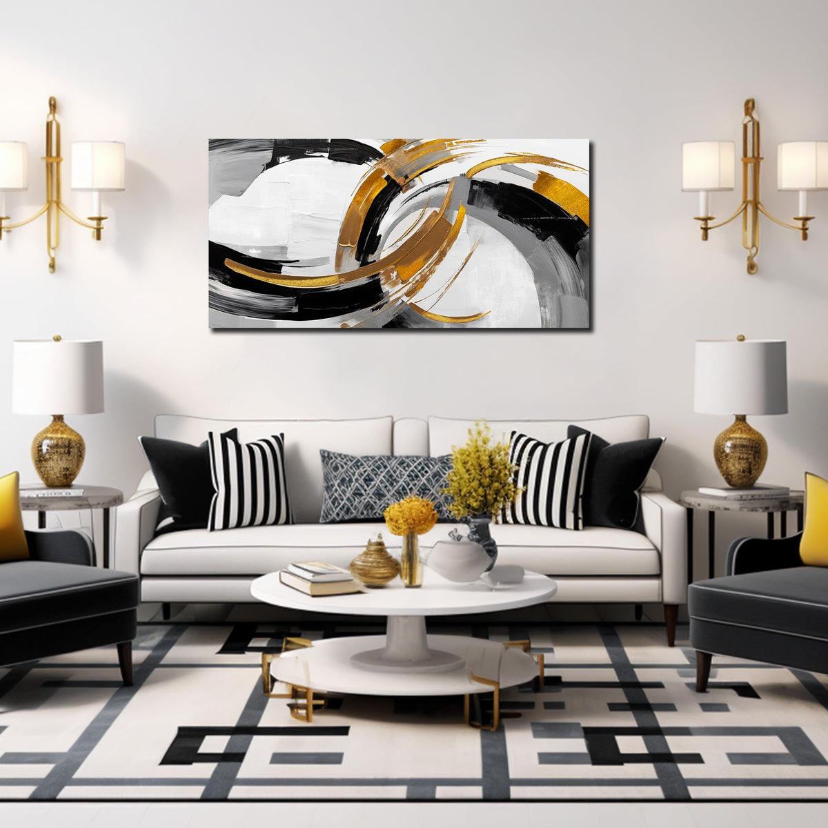 AUUZAIUA Large Abstract Canvas Wall Art for Living Room Black White and Gold Minimalist Line Artwork for Bedroom Office 20"x40"