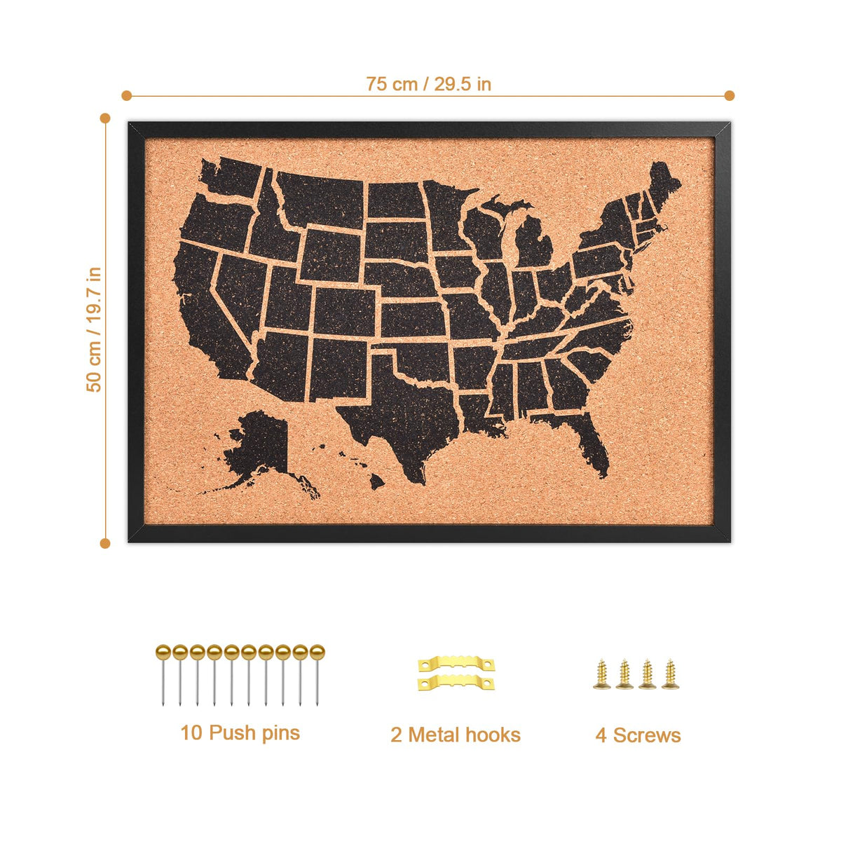 Aitakatta Cork Board United States MAP, USA Travel Tracker Map Bulletin Board, 30x20 Inches Pin Board, Classroom Geography & Home Decor, Corkboard with Push Pins(BK-US-MAP,5075,1p)
