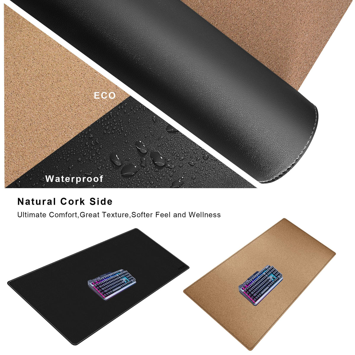 Mydours 70.9"x19.7" Black Desk Pad - Premium Dual-Sided PU Leather & Cork Design for Home and Office, Ultra-Wide Mouse Mat with Smooth Gaming Surface, Protects Desks from Heat, Ink & Liquid Spills