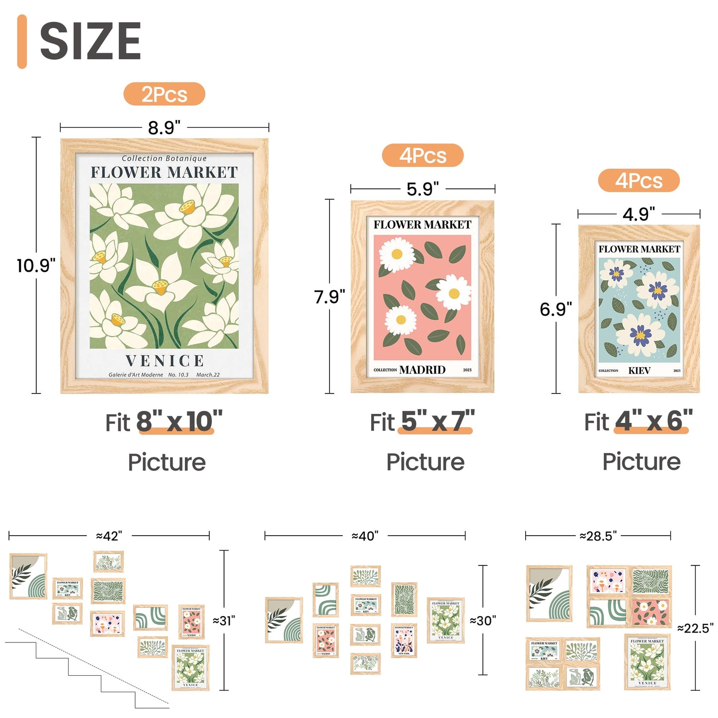 upsimples 10 Pack Picture Frames Collage Wall Decor for Mounting or Tabletop Display, Photo Gallery Frame Set for Family, Multi Sizes Including 8x10, 5x7, 4x6, Natural