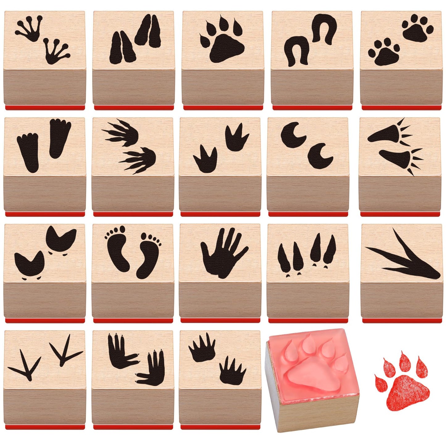 MotiMind 18 Pcs Animal Footprints Wood Stamps Set Wooden Rubber Holiday Stamps for Card Making Decoration and Scrapbooking Supplies