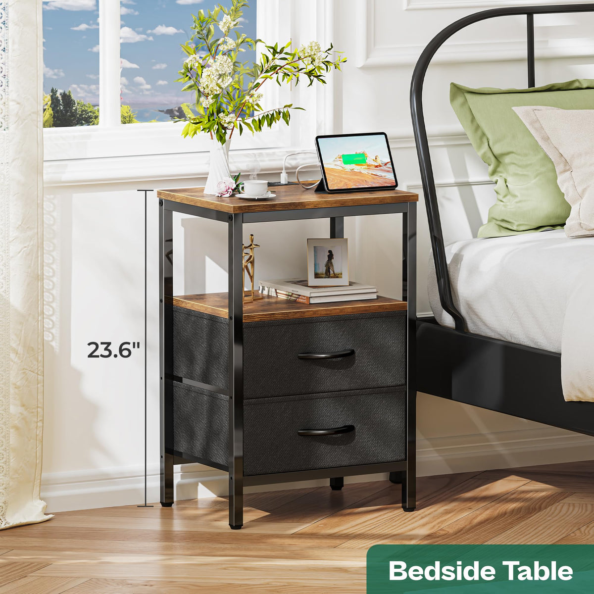 Huuger Nightstand with Charging Station, Side Table with Fabric Drawers, End Table with Open Shelf, Bedside Table with USB Ports and Outlets, Night Stand for Bedroom, Rustic Brown and Black