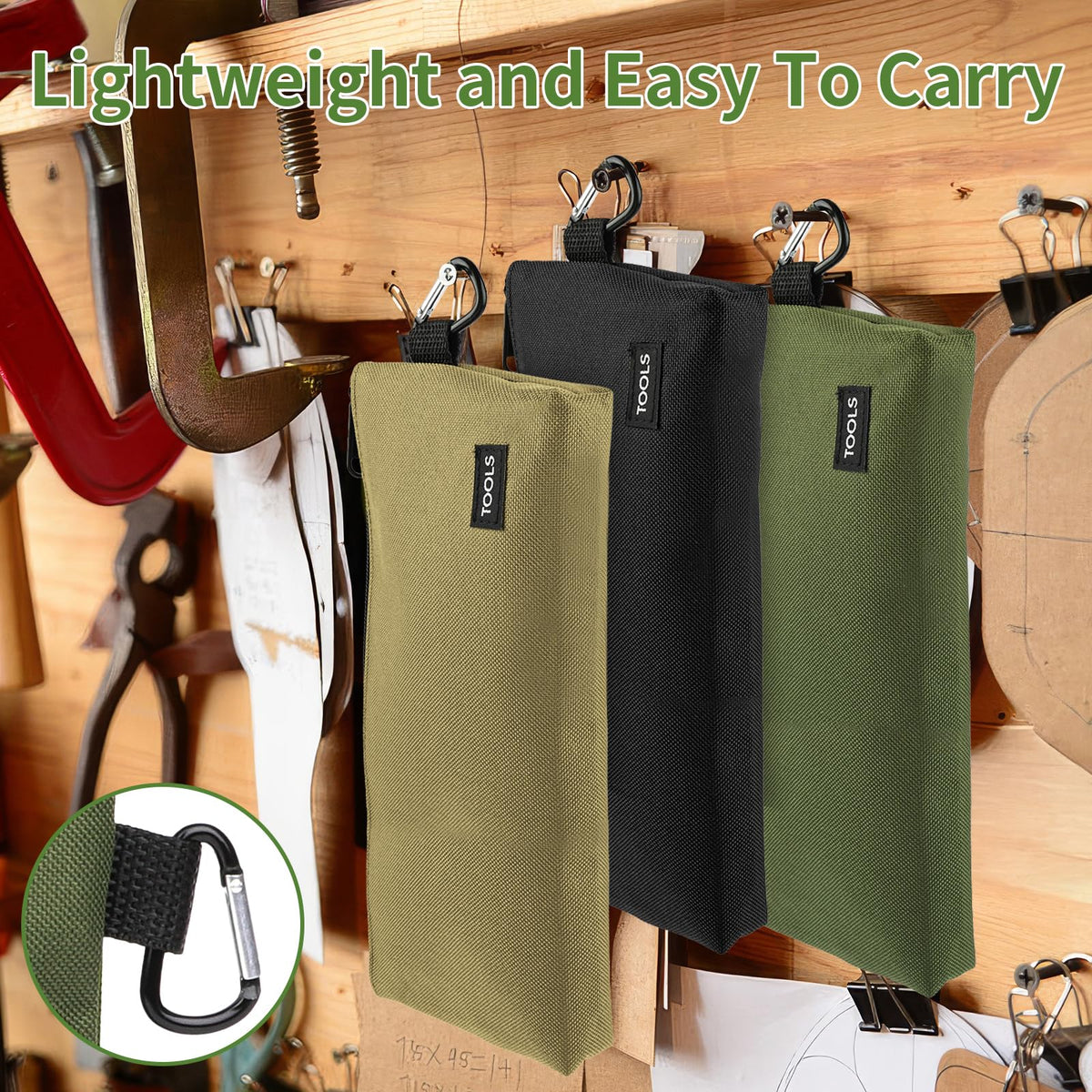 3 Pack Premium Tool Pouches Zipper Bag, 12 in Small Tools Bags with Carabiner, Heavy Duty Flat Bottom Utility Multipurpose Storage Organizer Bag for Tool, Stationary, Pencil (Tan, Navy Green, Black)