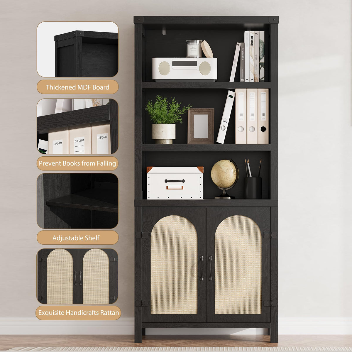 GarveeHome Bookshelf and Bookcase with Doors, 5 Tier Double Wide Large Bookshelves, Open Display Shelves, 70'' Tall Bookshelf with Storage Cabinets for Home Office, Living Room, Library, Black