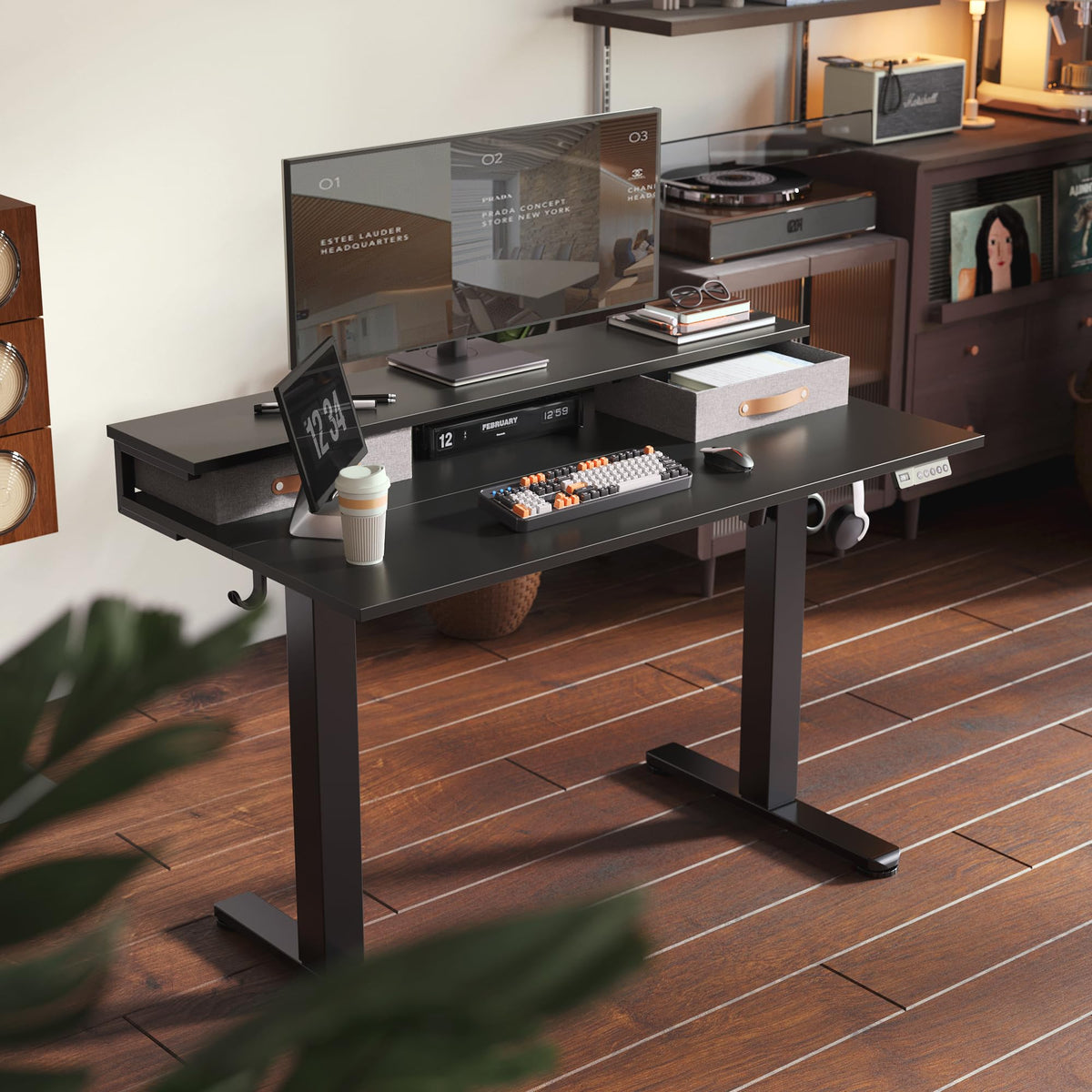 Claiks 48 Inch Electric Standing Desk with 2 Drawers, Adjustable Height Computer Table with Monitor Shelf, Scratch-Resistant Particleboard Desk with Hooks, Black