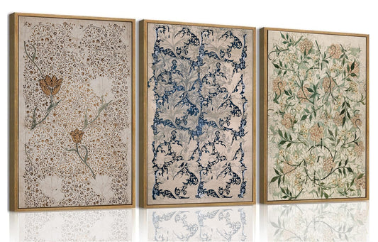 ILLBDR Vintage William Morris Framed Wall Art Abstract Floral Canvas Wall Art Set of 3 Boho Botanical Prints Gallery Artwork Neutral Flower Pictures Decor for Bedroom Living Room 12x16 Inch