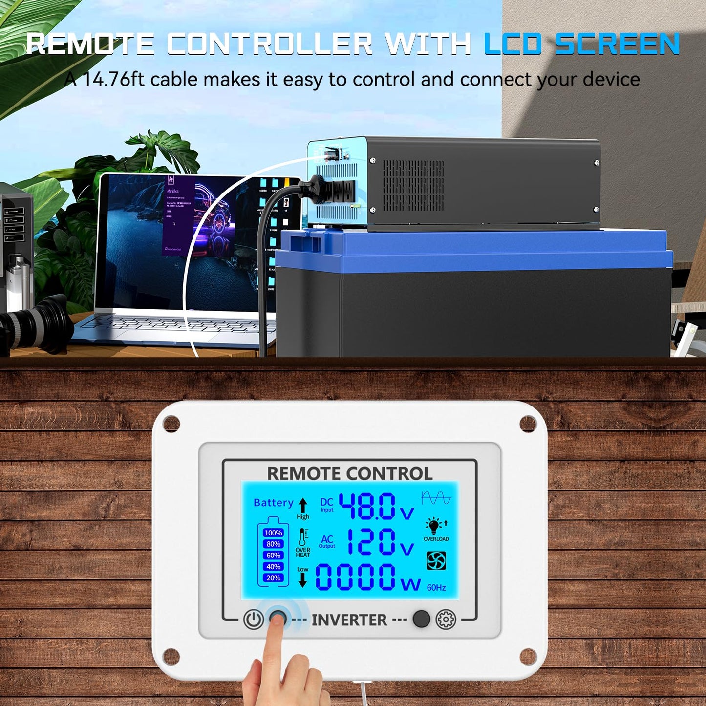 48V 2500W Pure Sine Wave Inverter 48V DC to 110V AC, 5000W Peak Power, 4 AC Outlets, USB & Type-C Port, Adjustable Input for Lithium Battery, Solar/Off-Grid Backup with LCD Remote