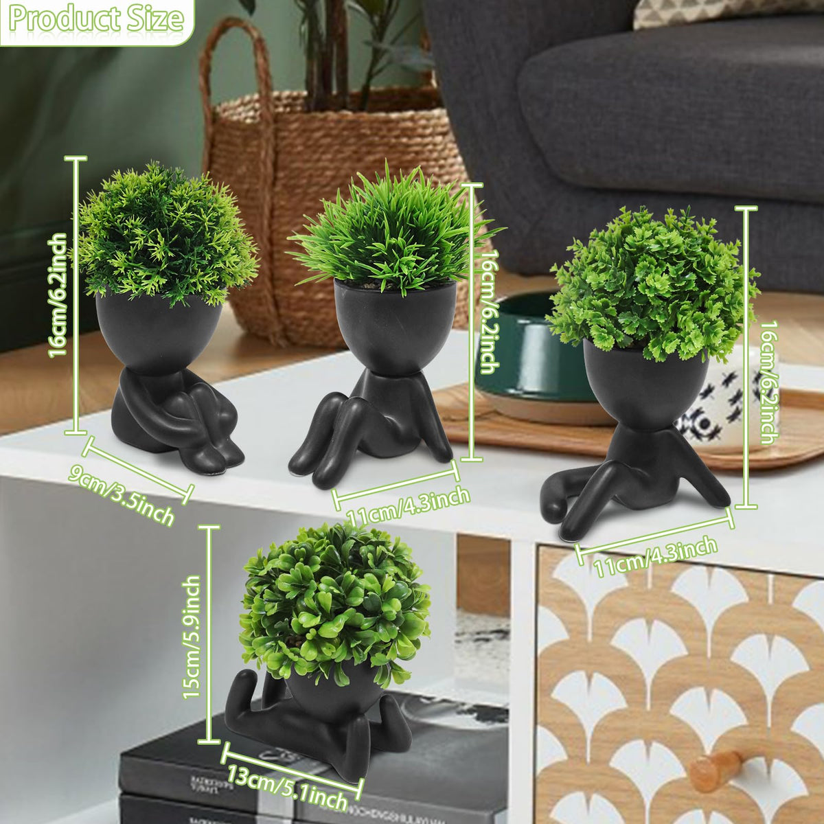 MAKHOT 4PCS Cute Artificial Mini Succulent Plants with Creative Human Shaped Pots, Small Fake Plants for Shelf Desk Tabletop Office Home Decoration(Black)
