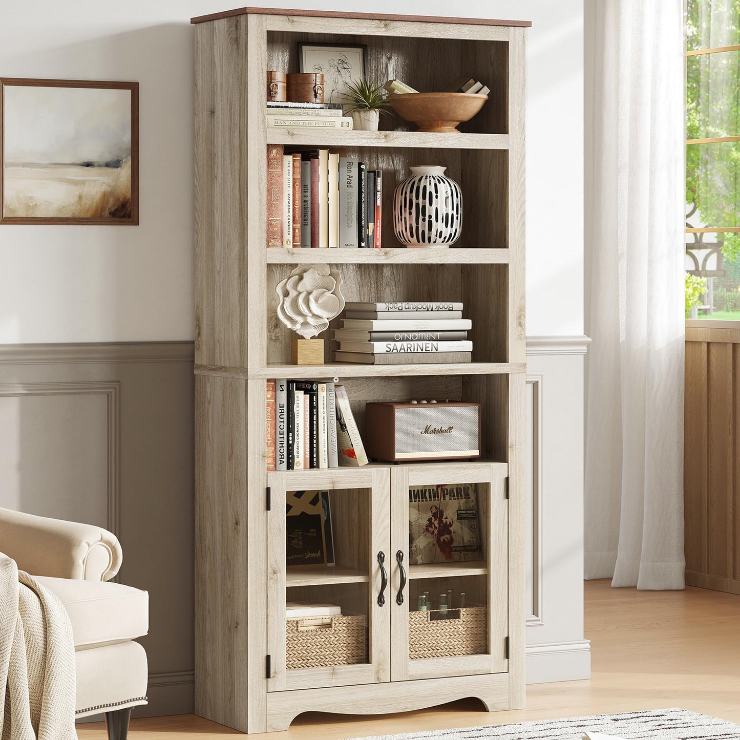 LINSY Bookshelf with Doors, 6 Shelf Bookcase Tall Bookshelves, 73" Farmhouse Book Shelf with Storage Cabinet, Wood Book Shelves for Living Room, Bedroom, Office, Rustic White