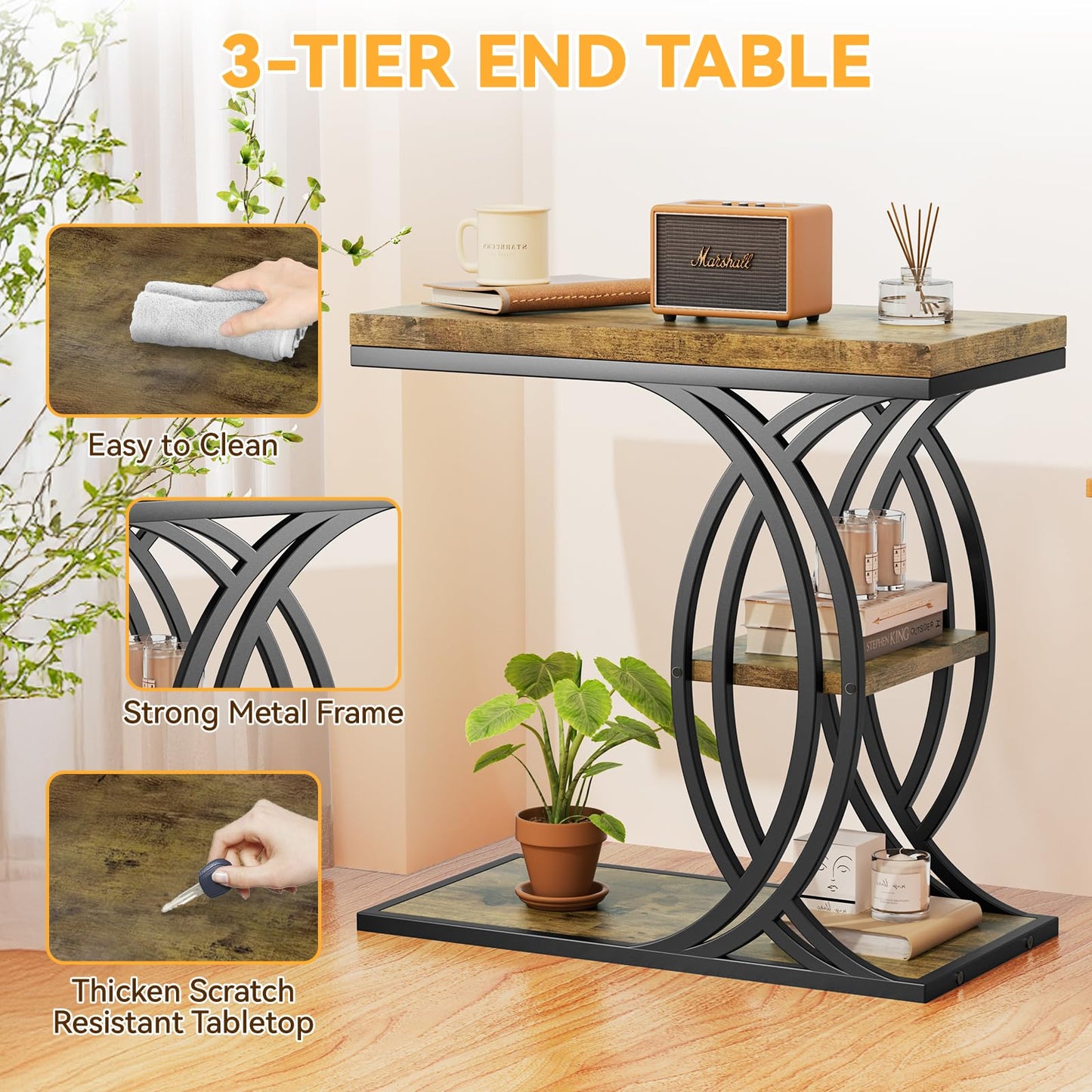 FJLHOHG C Shaped End Table, Bed Side Table, 3-Tier Side Table with Metal Frame, Wood End Table with Storage for Living Room, Couch, Sofa, Bedroom, Easy Assembly, 23.6" D*11.8" W*23.6" H, Rustic Brown