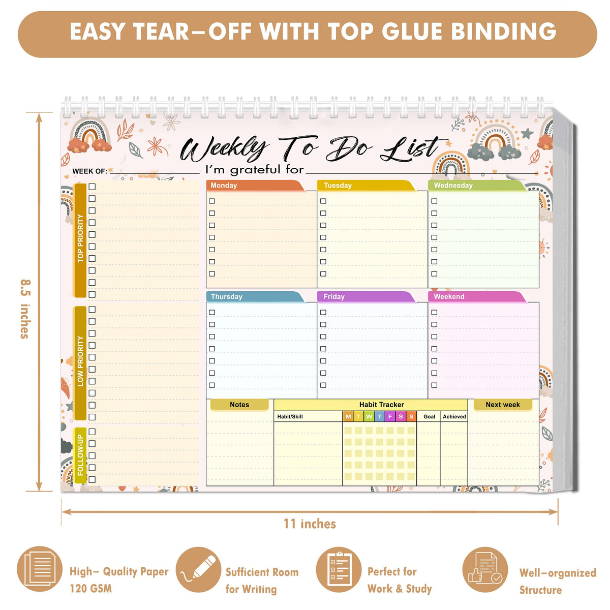 Weekly Planning To-Do-List Pad, 52 Undated Sheets for Daily To-Do Lists, Habit Tracking, Academic Scheduling, and Productivity Goals - Perfect for Work, Home, and Office Organization 8.5x11 inches