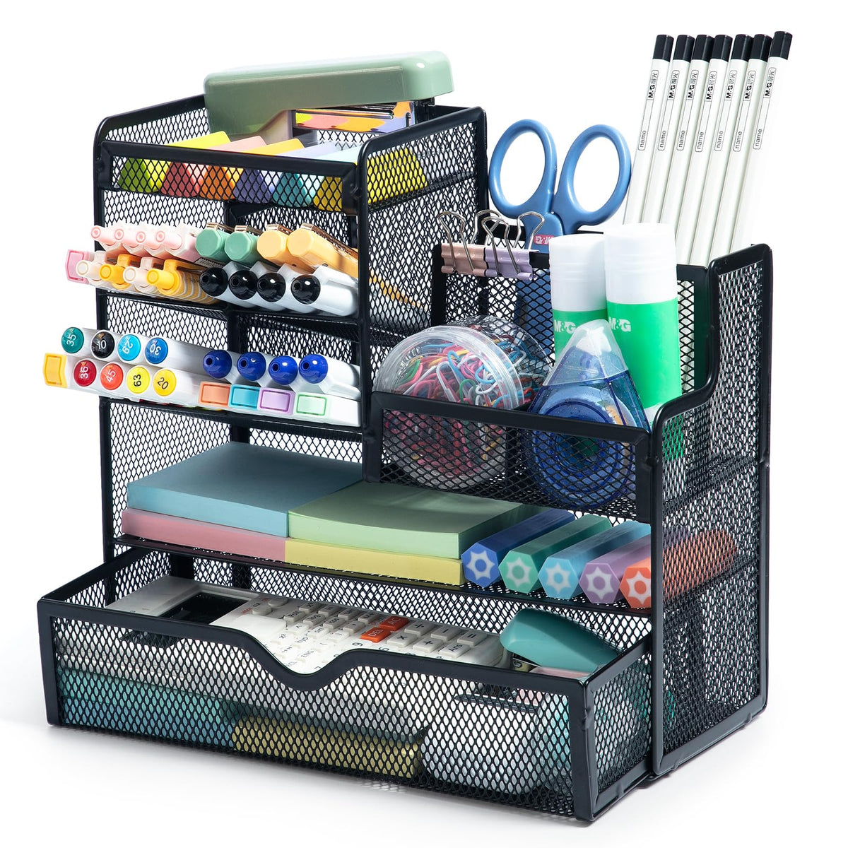 M&G Mesh Pen Holder for Desk, Multi-Functional Pencil Holder with Drawer Desk Organizer, Large Capacity Office Desk organizers and Accessories (Black)