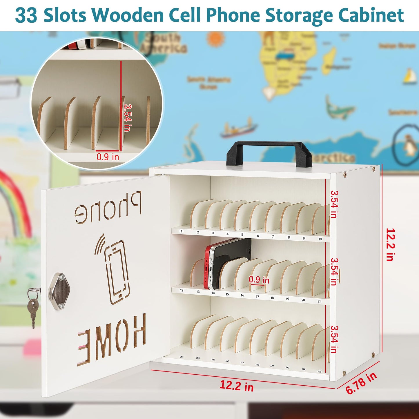Loghot Wooden Cell Phone Storage Cabinet, 33 Adjustable Slots Cell Phone Locker with Security Lock & Handle, Desktop Phone Organizer for Classroom, Office & Repair Shops, White
