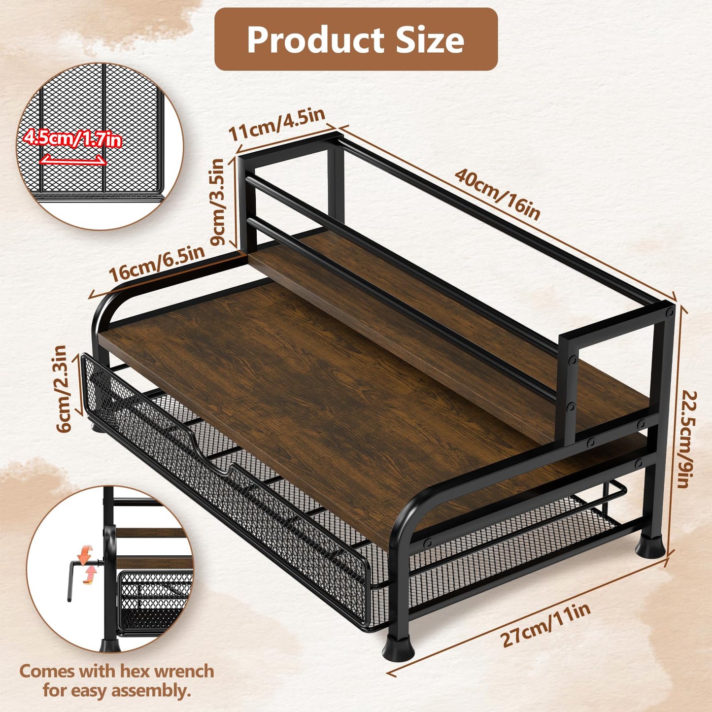 PONEYA Coffee Syrup Rack Organizer, 3-Tier 8 Bottles Syrup Rack with 35 K Cup Storage Basket for Coffee Bar, Countertop Bottle Holder Stand for Wine, Dressing for Kitchen Cafe Station