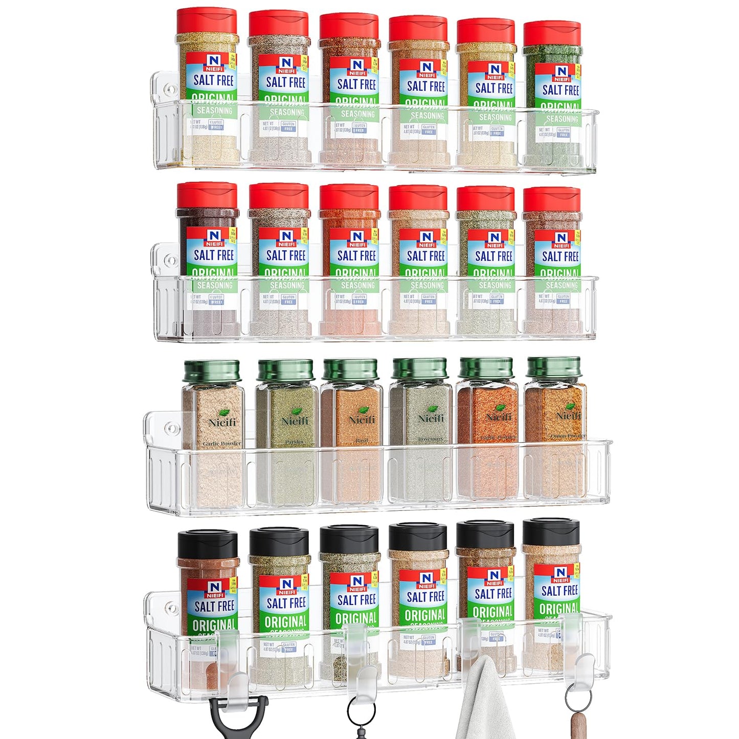 Nieifi Spice Rack Wall Mount, 4 Pack, Clear, Screw or Adhesive Installation, Spice Rack Organizer for Your Kitchen Cabinet or Pantry Door