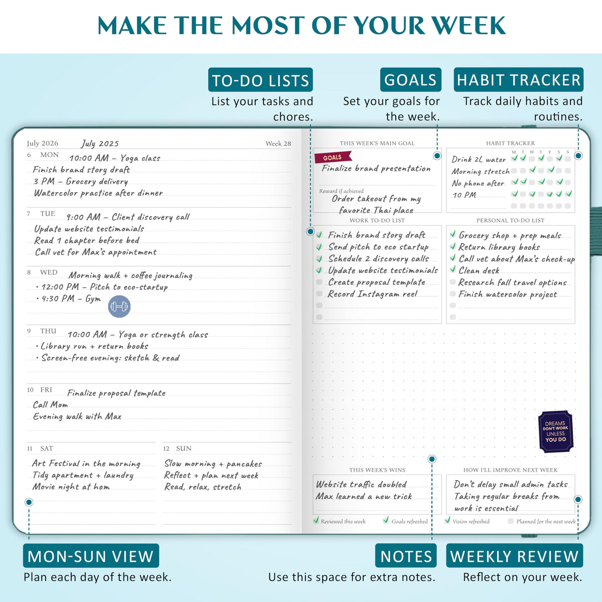 Legend Planner Jan 2026 – Jan 2027 Dated Weekly & Monthly Planner to Hit Your Goals, Increase Productivity & Live Happier. Organizer Notebook & Productivity Journal. A5 Hardcover (Dark Teal)