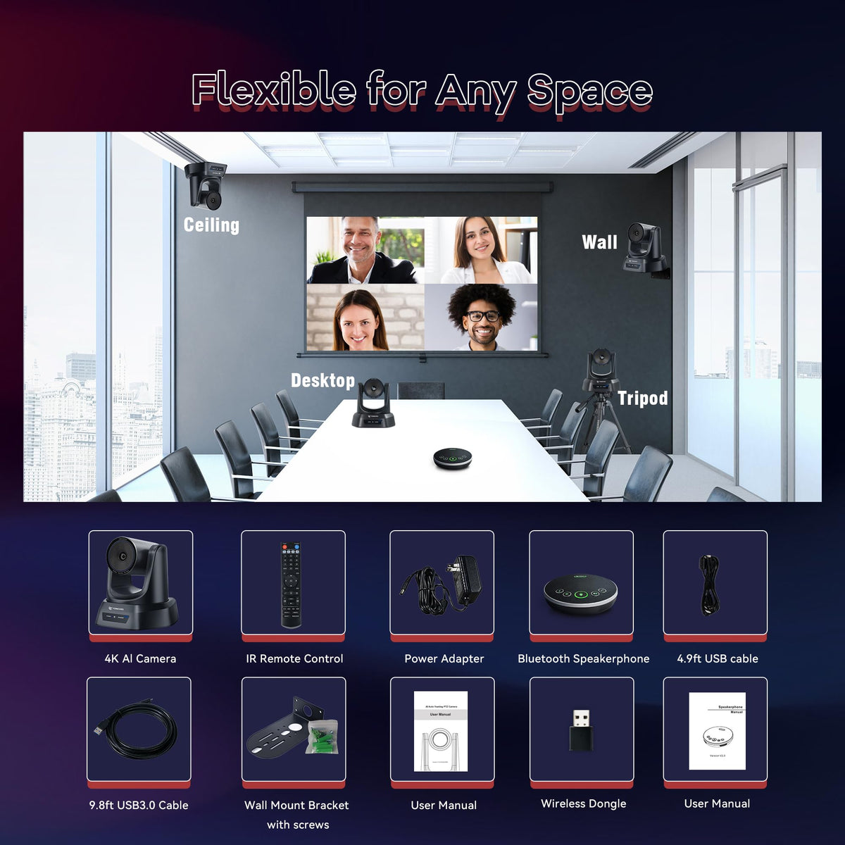 TONGVEO Conference Room Camera System 4K UHD 3X Optical Zoom 93° Ultra-Wide FoV USB3.0 PTZ Camera and Wireless Bluetooth Speakerphone with Microphones, Works with Zoom, OBS, Skype, Teams and More
