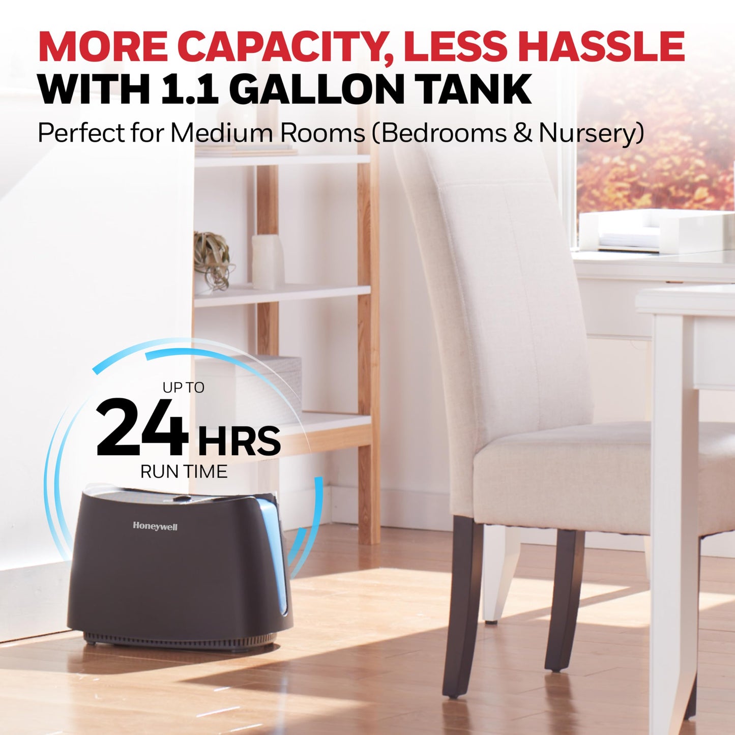 Honeywell Cool Moisture Humidifier For Bedroom, Medium Rooms, 1.1 Gallon, Invisible Moisture Humidifier for Baby, Kids, Quiet, Easy to Clean, UV Technology, Black, HCM350B