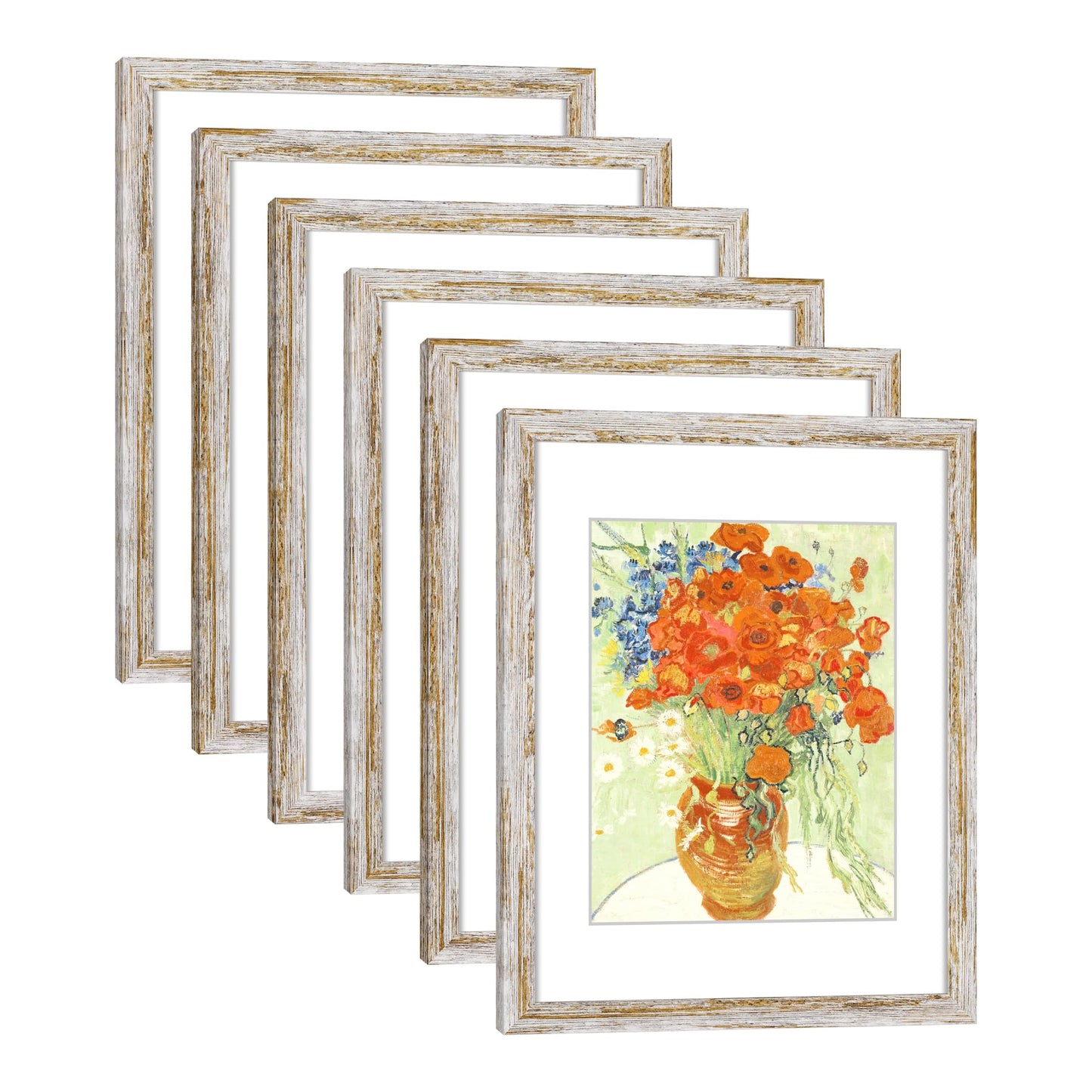DEKWINN Rustic Distressed Retro Style White Frame 11x14 Picture Frame Set of 6 with Real Glass for Pictures 8x10 with Mat or 11x14 Without Mat, Wall Gallery or Tabletop display