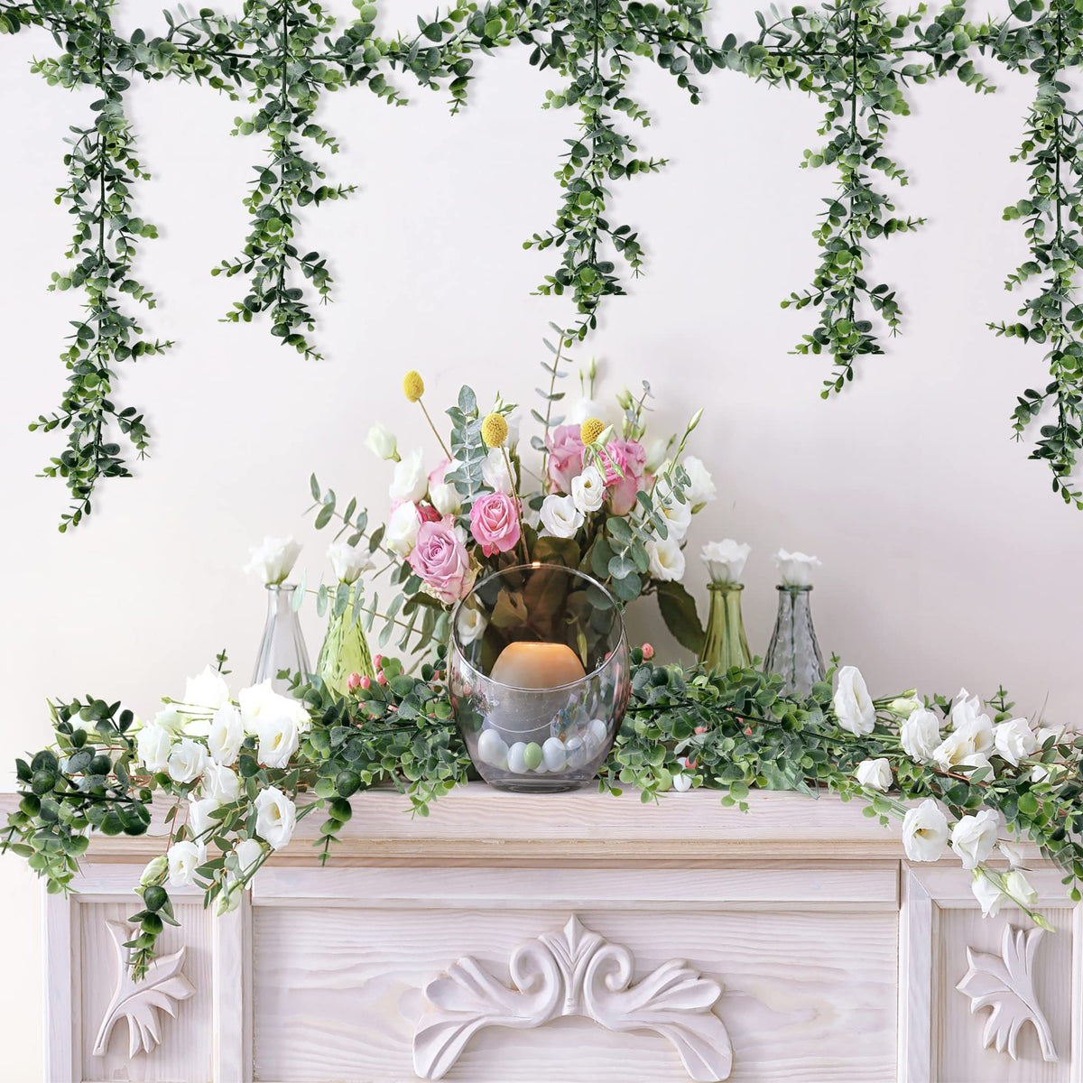 Sggvecsy Artificial Eucalyptus Garland 5 Pack Fake Eucalyptus Greenery Garland Faux Hanging Plants Artificial Vines, 5.6 Feet/Strand for Wedding Backdrop Arch Wall Table Party Outdoor Festival Decor