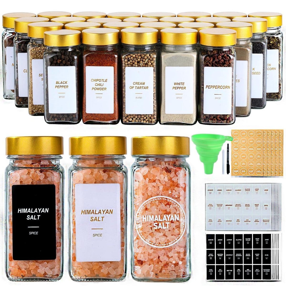 JARXSUN Glass Spice Jars with Label, 24Pcs Spice Jars with Shaker Lids-4 oz Gold Spice Seasoning Jars Bottles Containers Set for Spice Rack (24)