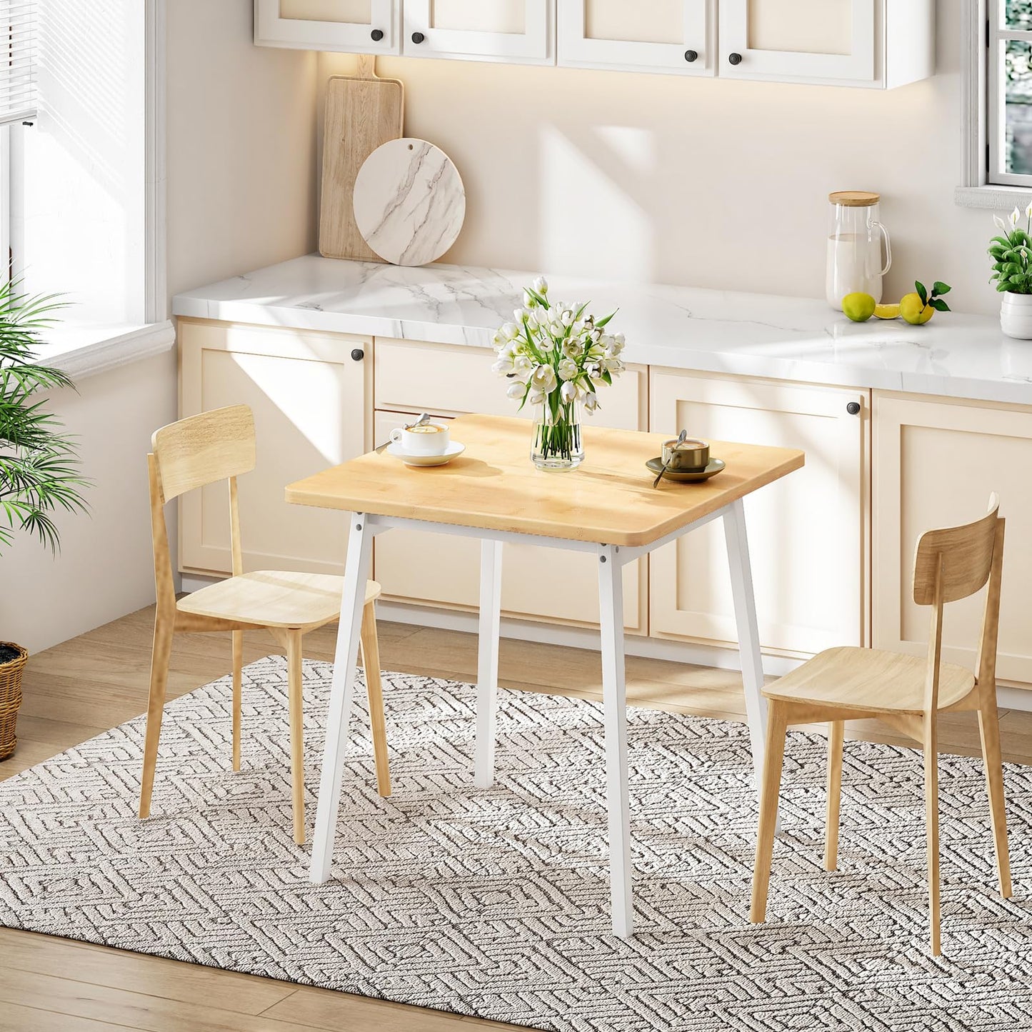 HOOBRO Bamboo Dining Table, Square Dining Table for 2, 27.6" Kitchen Table for Small Space, Writing Table, Easy to Assemble, for Dining Room, Living Room, Office, Kitchen, Natural and White YW70CZ01G1