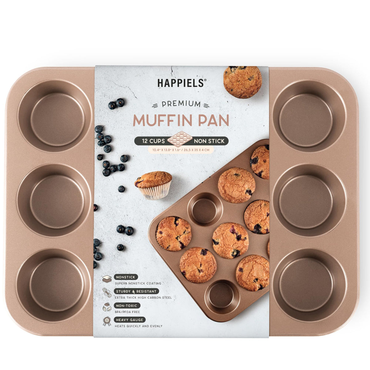 HAPPIELS Non Toxic Nonstick 12 Cup Muffin Pan | PFOA BPA free Nontoxic Cupcake Tin | Best Non Stick Muffin Pans | Muffin tins | Cupcakes Tray | Carbon Steel Bakeware Mold Trays