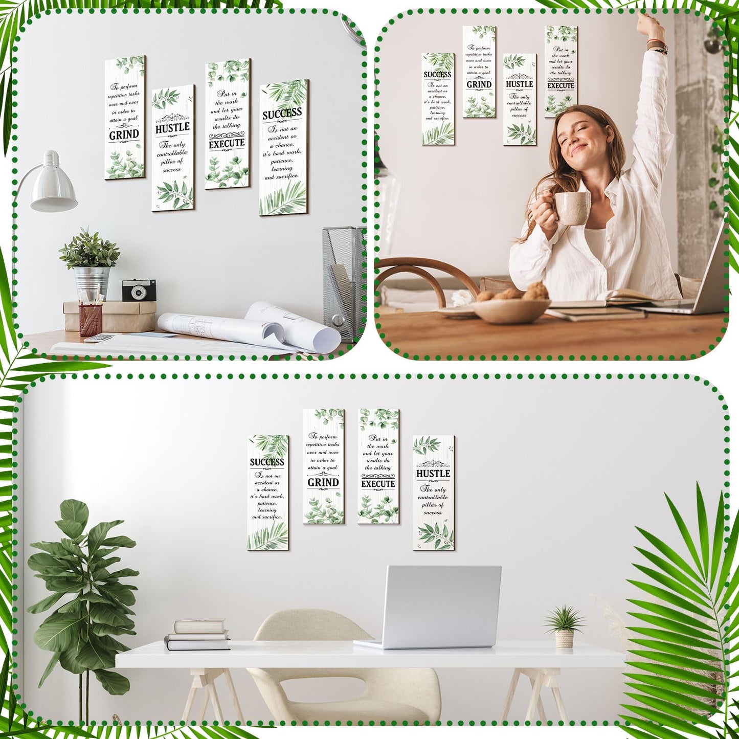 Honoson 4 Pcs Motivational Office Wall Decor Boho Wall Art Inspirational Hanging Wooden Plaques Sayings Rustic Motivational Quote Signs for Office Bedroom Living Room