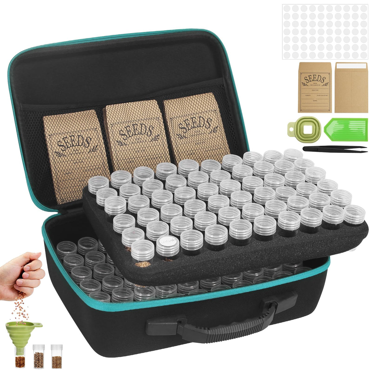 120 Slots Seed Storage Box with 25 Envelopes and Tools, Large Sturdy Storage Organizer for Garden Plant Seeds, Seed Bank with Zipper, Label, Funnel, Tweezers, Tray (Seeds Not Included)