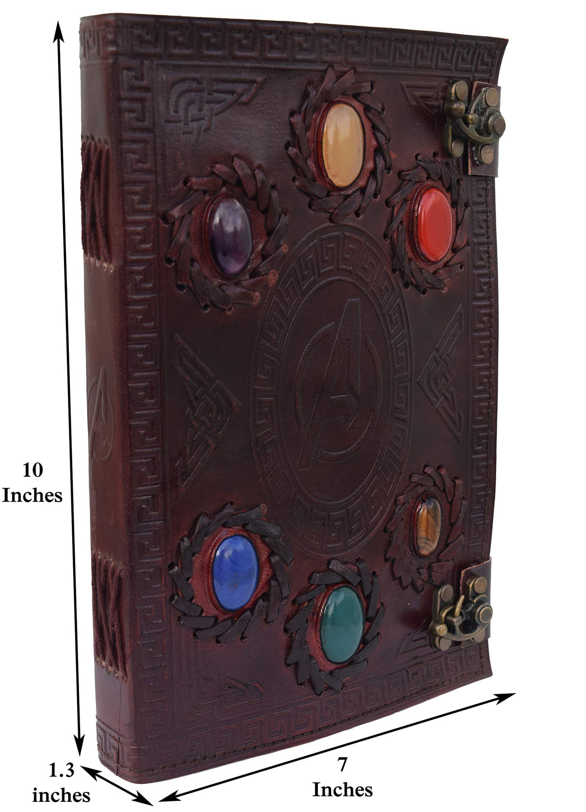 Avengers embossed 10 inches Handmade Leather Journal With Stones/Art Sketchbook & Travel diary with Vintage lock Latch