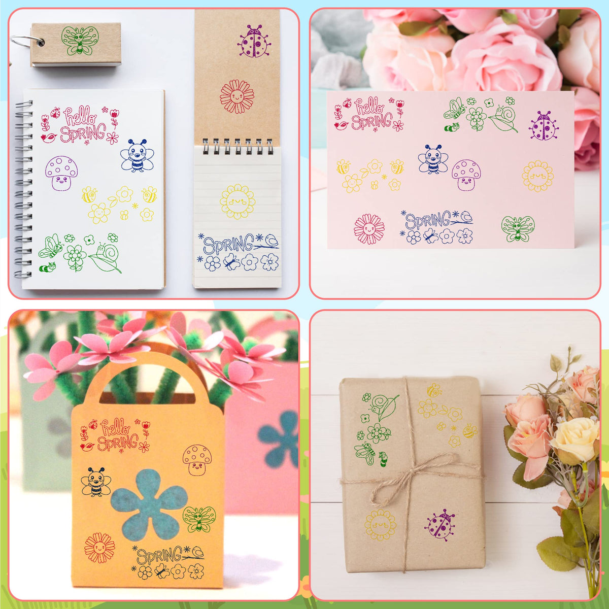 CUweipeng Spring Wooden Rubber Stamps - 30 Pcs Hello Spring DIY Craft Card Stamps Pads Animal Flower Rubber Ink Pads Set for Kids Birthday Gift Favor Classroom Card Scrapbooking Making Supplies