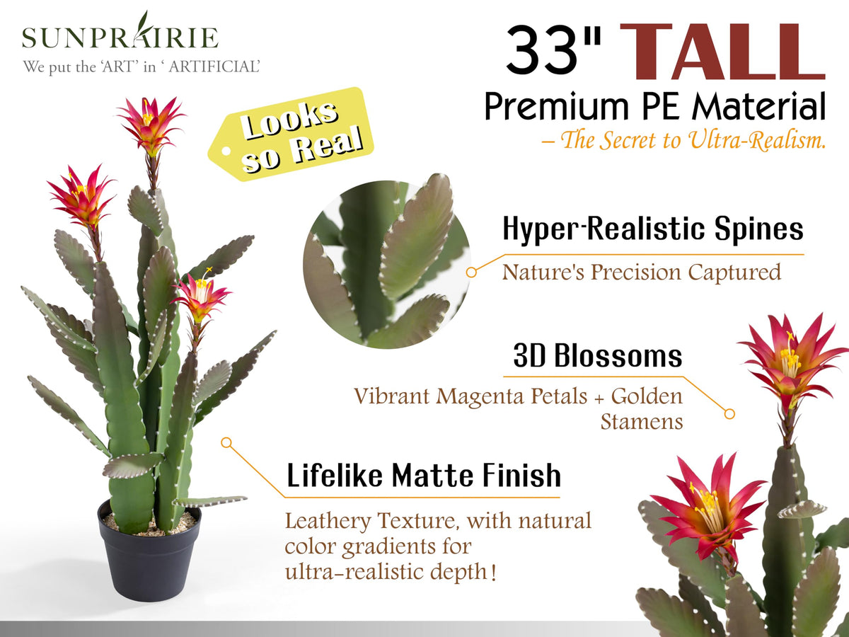 SUNPRAIRIE 33 Inch Large Artificial Cactus with Magenta Flowers in Pot with Natural Gravel. Satin Finish Leaves with Real Look and Feel. Outdoor and Indoor Faux Plants.