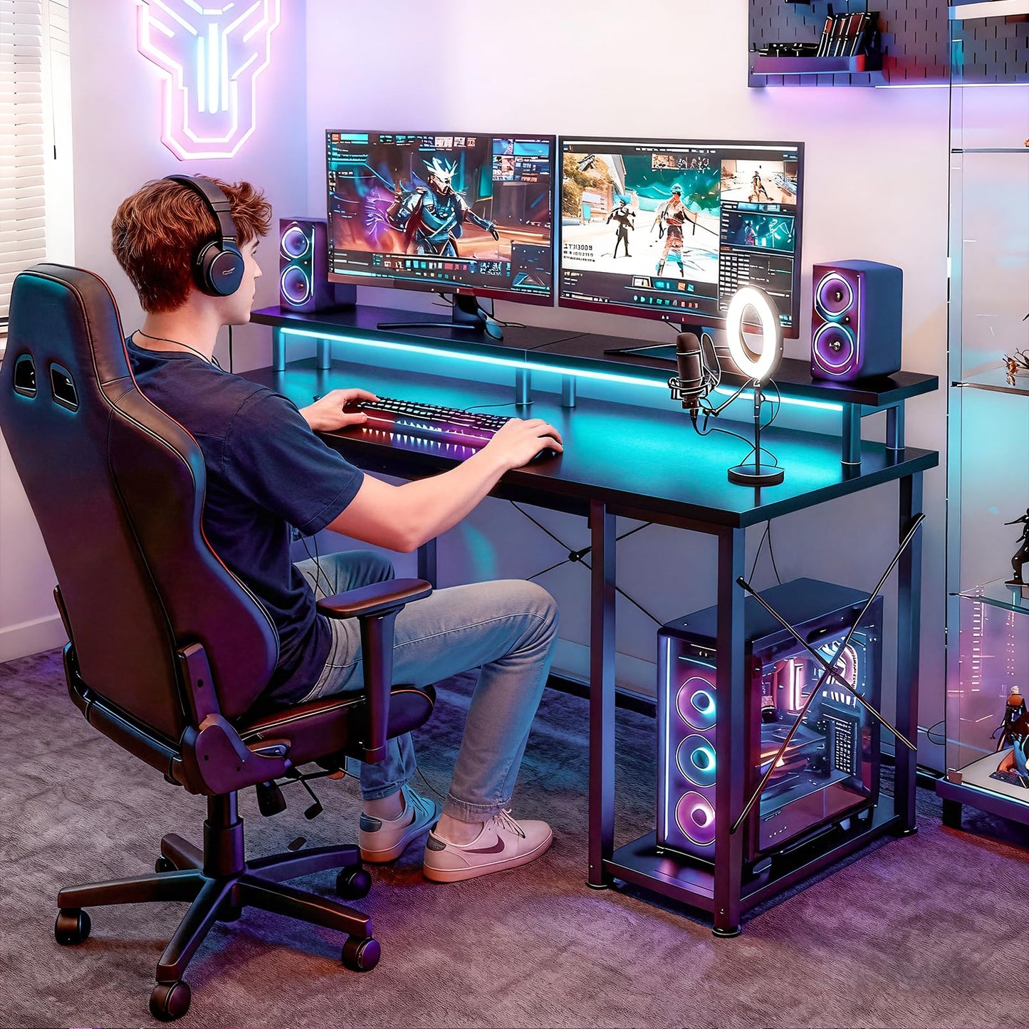 ODK 48 inch Gaming Desk with LED Lights, Computer Desk with Monitor Stand & Storage Shelves, CPU Stand, Home Office Desk, Black