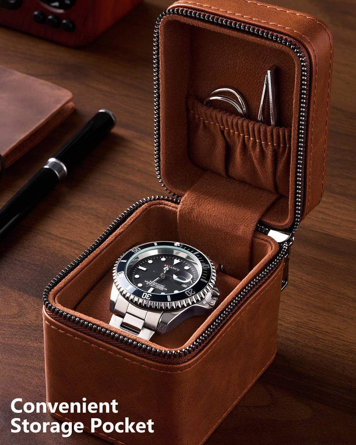 ProCase Single Watch Travel Case for Men, PU Leather Portable Watch Holder, Compact Small Carrying Storage Box for Luxury Watches & Smartwatches with Jewelry Compartment, Fathers Day Gift -Brown