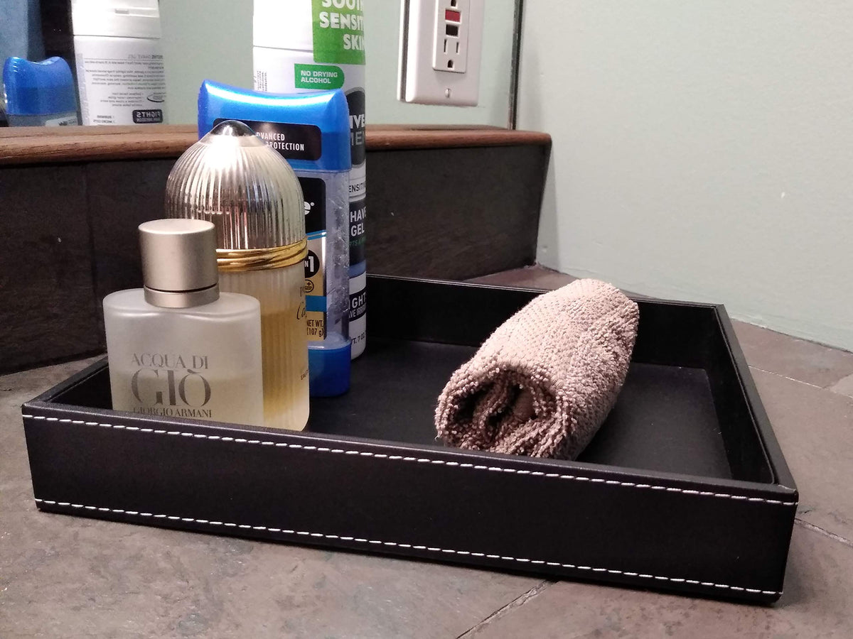 ULTRAY, Valet Tray, Desk Tray, Key Bowl, Nightstand Organizer for Men, Black PU Leather, 10.3 x 8.3 x 1.6 inches