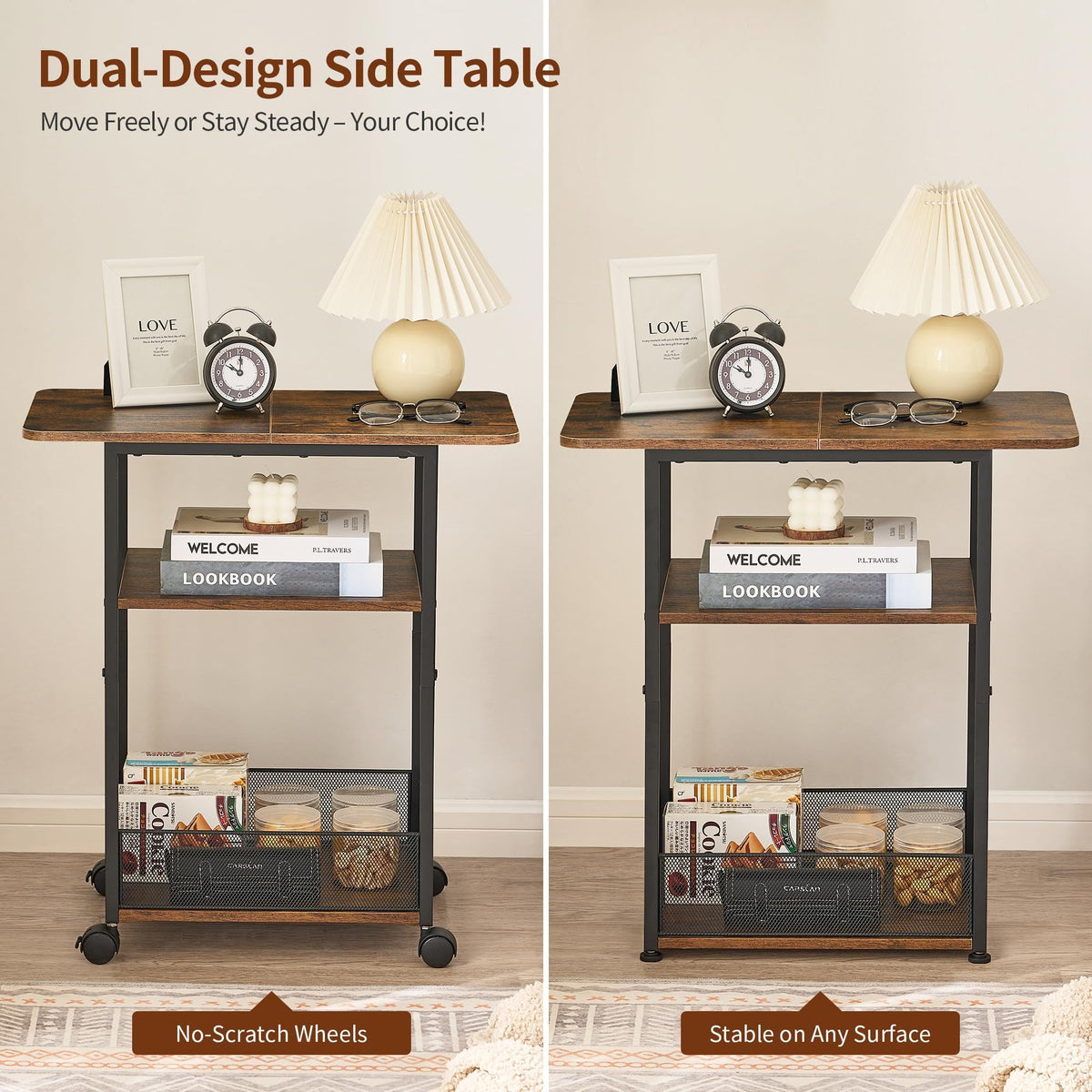 DALEMHOME Side Table with Wheels, Narrow Side Table with 3-Layer Storage Shelves, Slim Nightstand, Metal Frame, for Small Spaces, Living Room, Bedroom, 23.6" D x 11.8" W x 25.2" H, Rustic Brown
