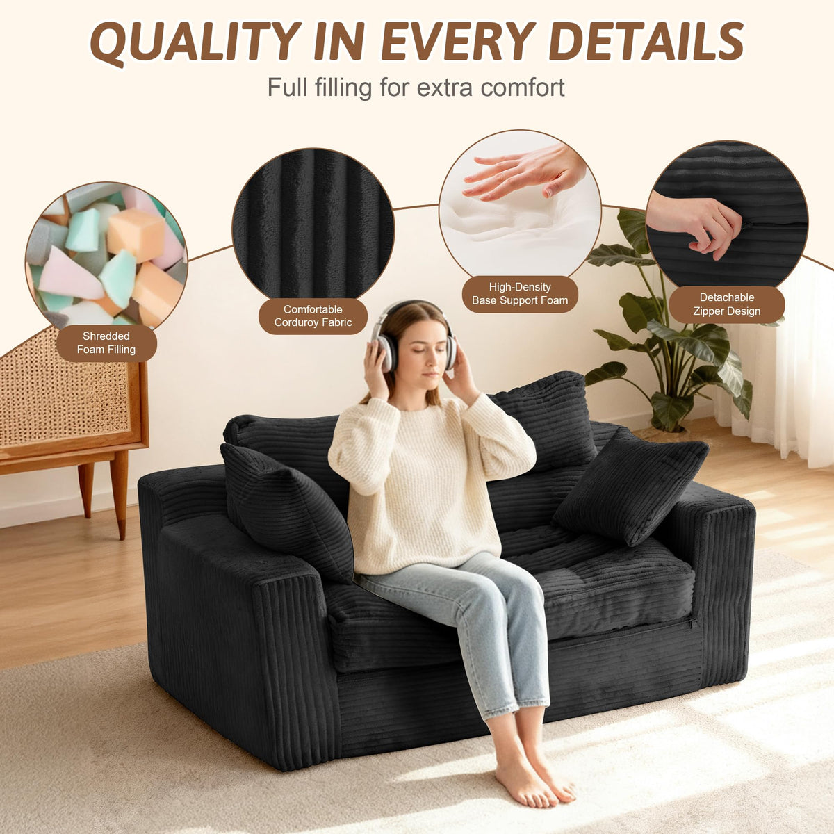 NLDD Convertible Sofa Bed, Pull Out Boneless Couch Loveseat Floor Sofa Bed with Pillows, 2-Seater Folding Sofa Loveseat Boneless Couch for Living Room, Bedroom, Apartment, Office (Black)