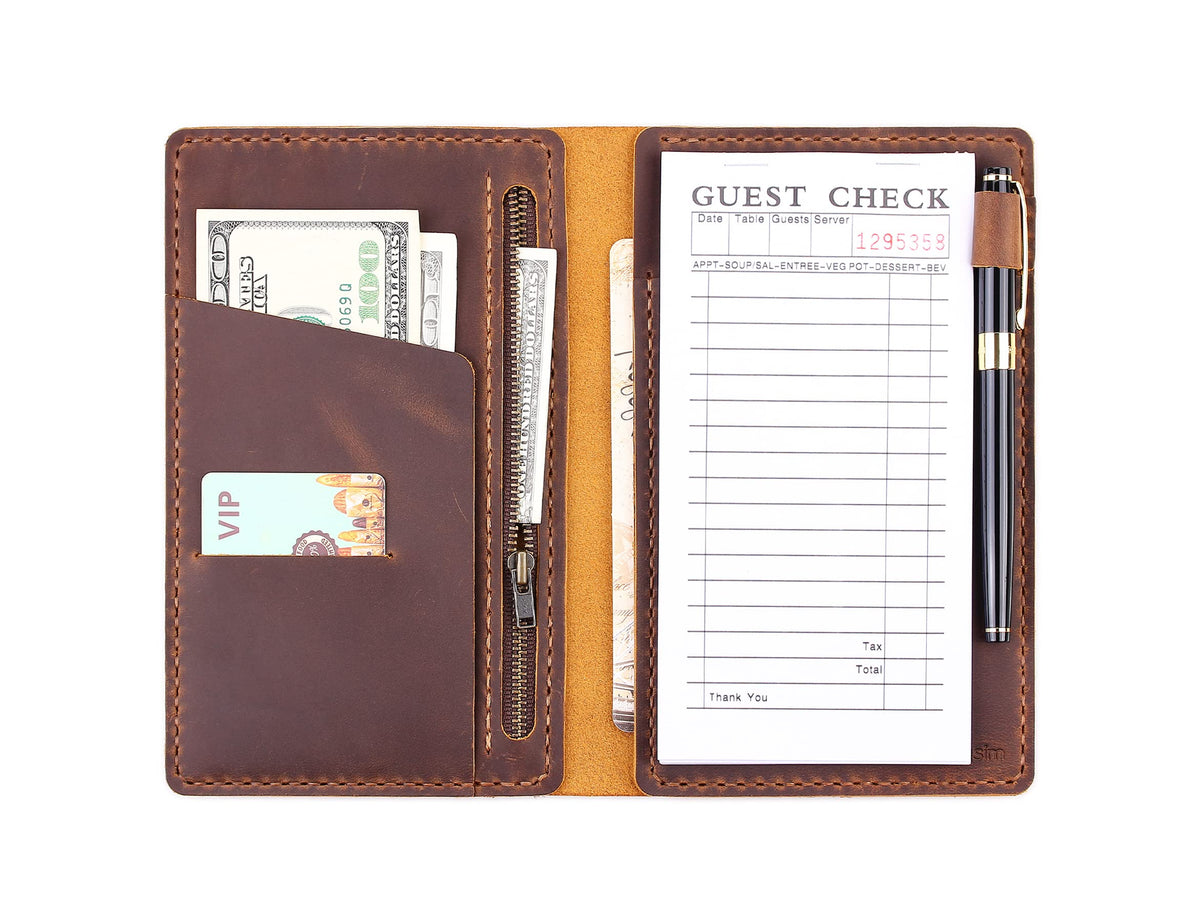 Server Book Organizer with Zipper Pocket, Genuine Leather Restaurant Guest Check Presenters Card Holder for Waitress, Waiter Accessories Fit Server Apron - Brown