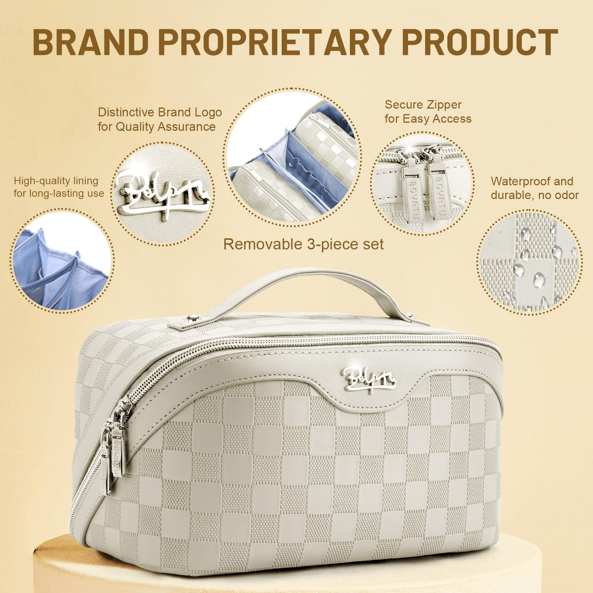 BOYATU Travel Makeup Bag Organizer: 3 Pcs Set Large Capacity Cosmetic Bags Holds 10–20 100ml Full-Size Bottles - 180°Open-Flat Make up Case 3-sec touch-up - Toiletry Bag Gift women (01-D-Beige)