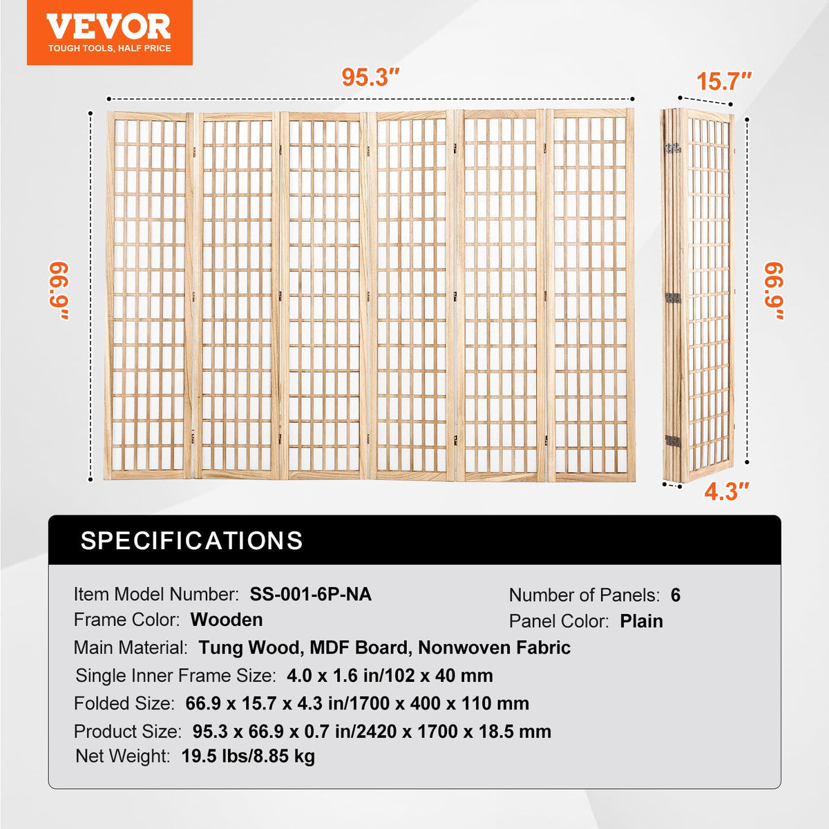 VEVOR Room Divider, 6 Panel Japanese Room Divider, Wood Folding Privacy Screen Indoor, Partition Dividers Portable Decoration Screens, for Room Separation Home Office Restaurant & Bedroom(Natural)
