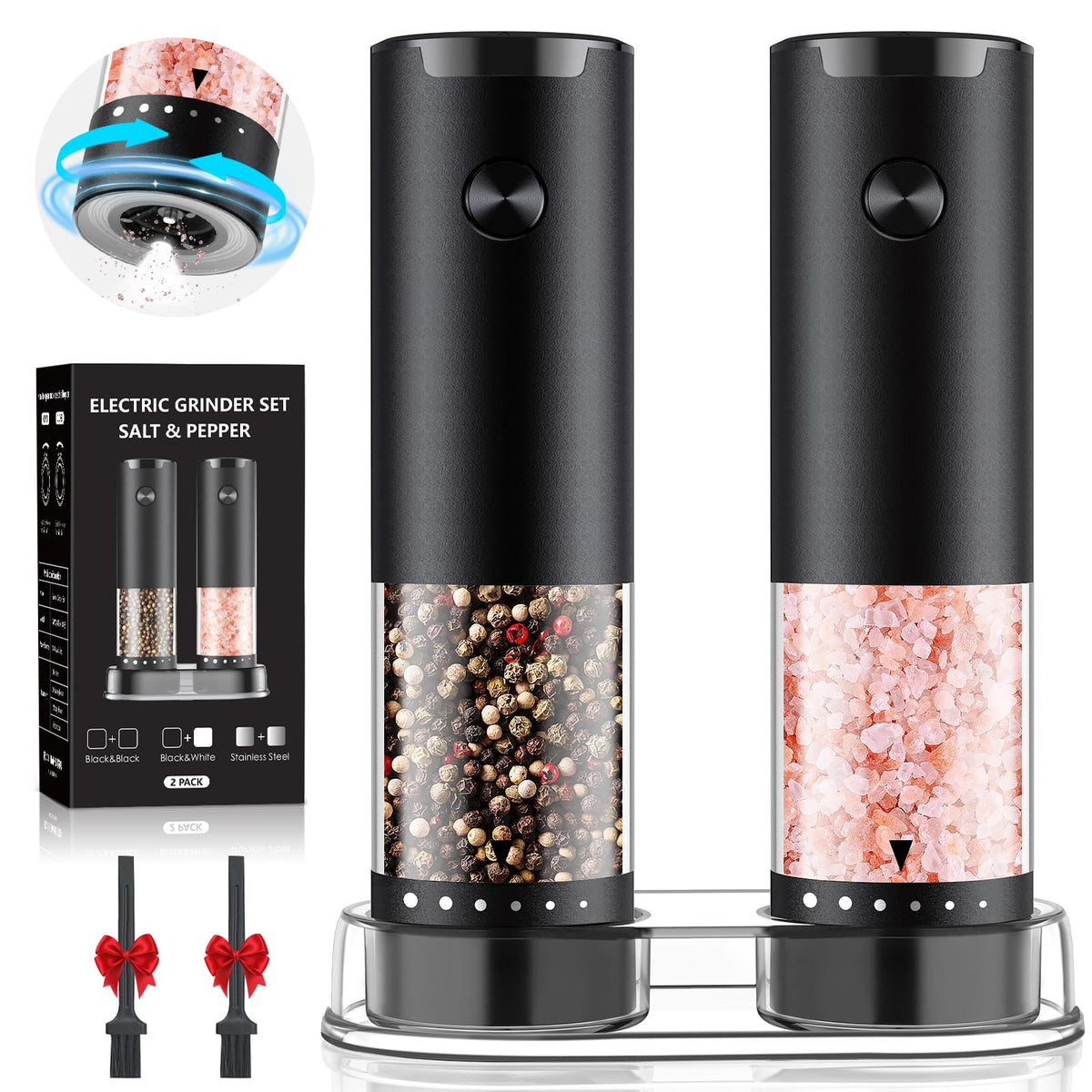 Electric Salt and Pepper Grinder Set, Automatic Salt and Pepper shakers with Upgraded 6-Level External Adjustable Coarseness, Battery Operated, Larger Capacity with Led for Home Kitchen (Black/Black)