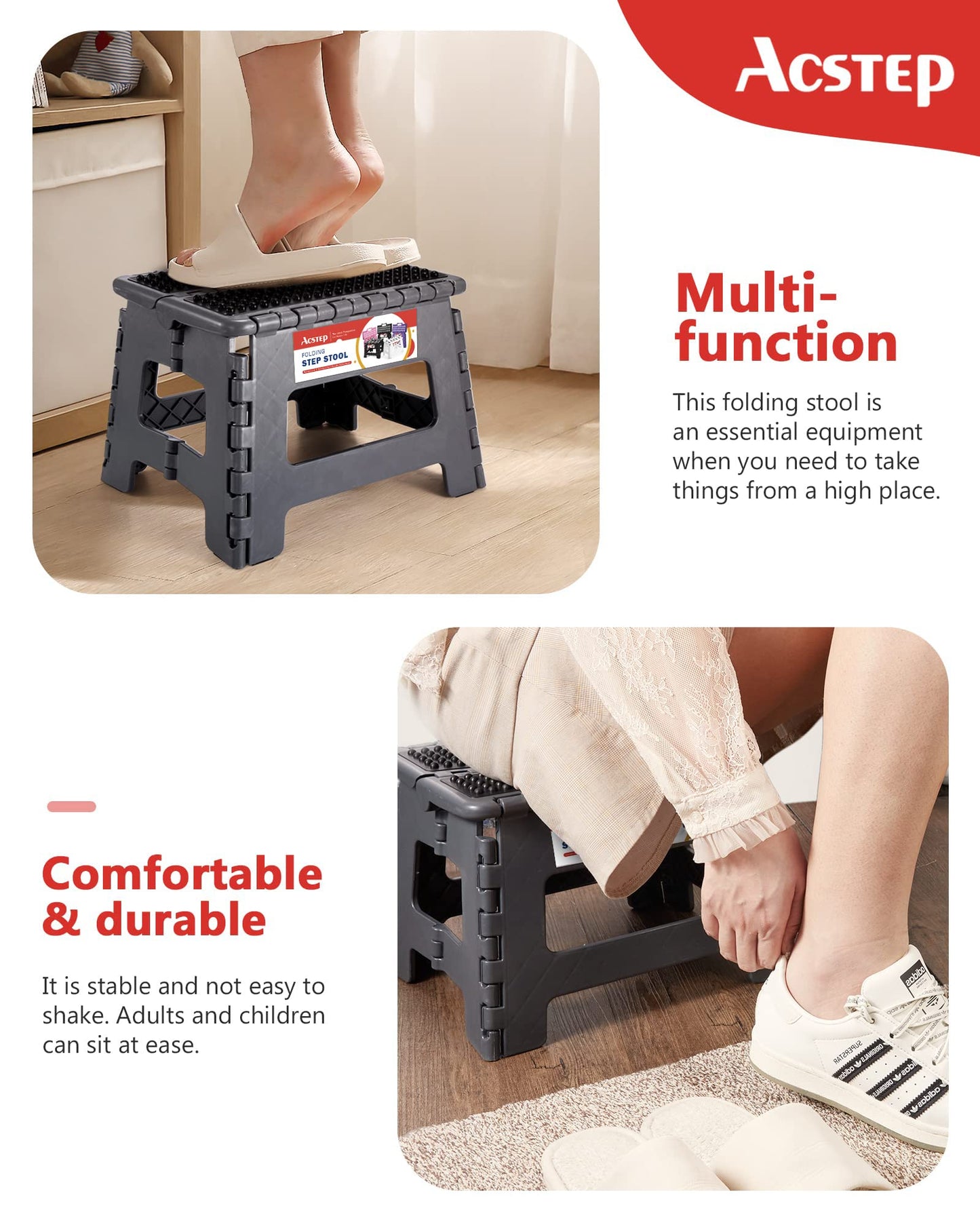 ACSTEP Folding Step Stool 9 inch Height Non-Slip Plastic Step Stools for Kids and Adults, Kitchen Collapsible Fold Up Small Stepping Stool Grey,1 Pack