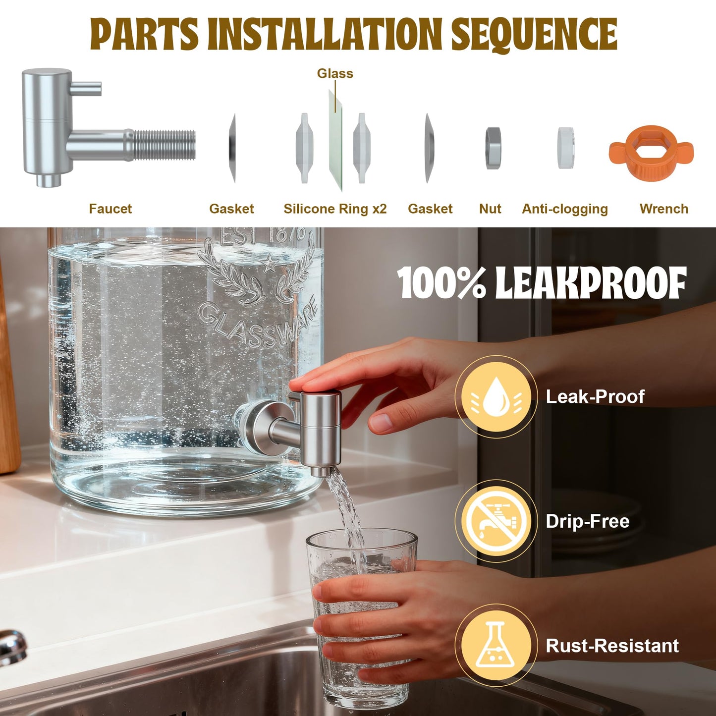 2PCS 1.5 Gallon Drink Dispenser - Glass Beverage Dispenser With Wood Stand and Leakproof Stainless Steel Spigot, Large Drink Dispenser for Parties, Lemonade, Iced Tea, Laundry Detergent Container