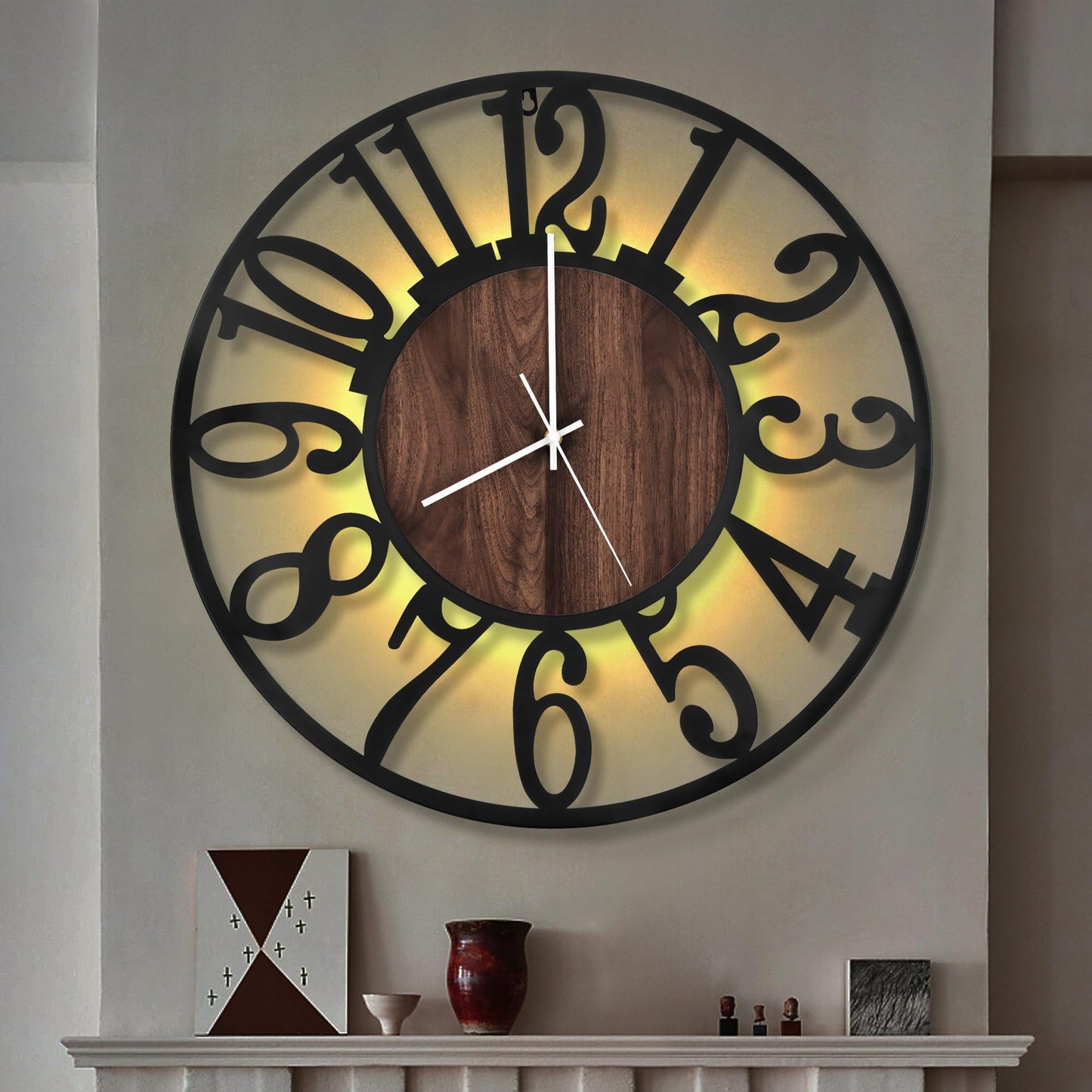 LEIKE Large LED Wall Clocks,Silent,Non Ticking,Battery Operated Rustic Round Modern Big Wood Wall Clock for Living Room, Bedroom,Kitchen,Farmhouse,Office,Home Decor -24" Black,LED,Arabic Number