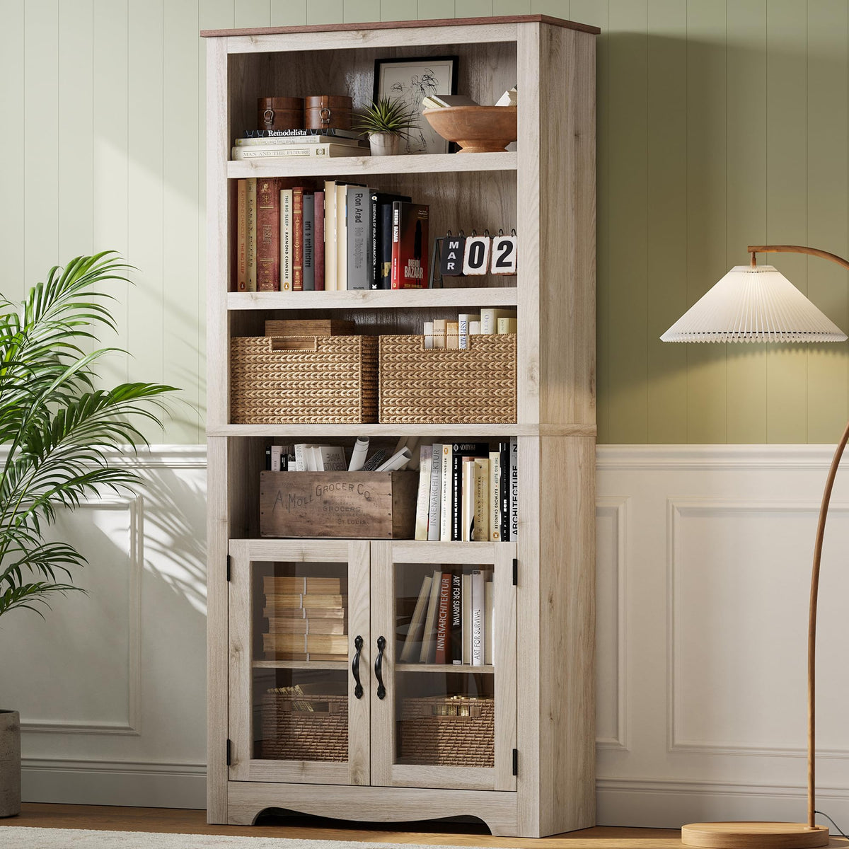 LINSY Bookshelf with Doors, 6 Shelf Bookcase Tall Bookshelves, 73" Farmhouse Book Shelf with Storage Cabinet, Wood Book Shelves for Living Room, Bedroom, Office, Rustic White